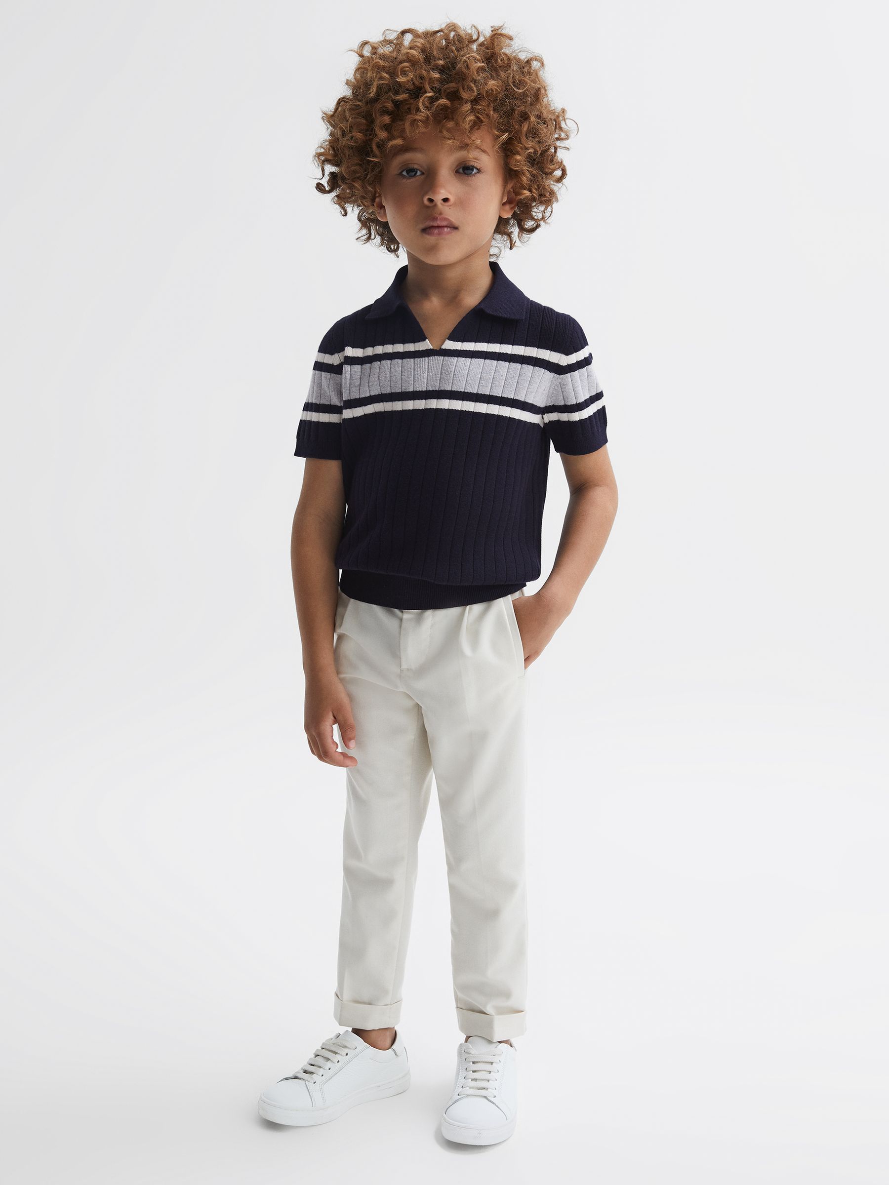 Ribbed Open Collar Shirt in Navy/White - Image 3 of 6