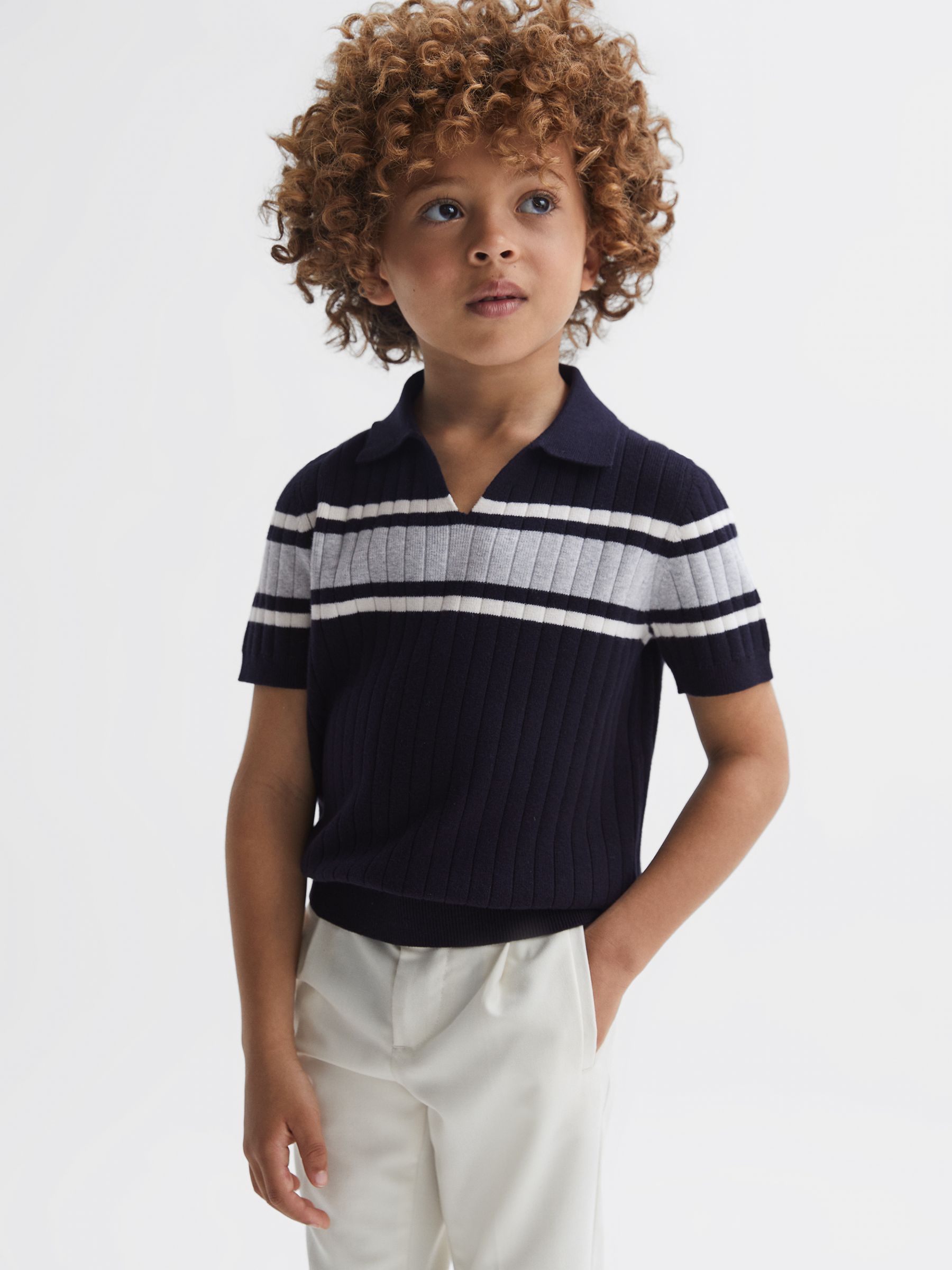 Ribbed Open Collar Shirt in Navy/White - Image 4 of 6