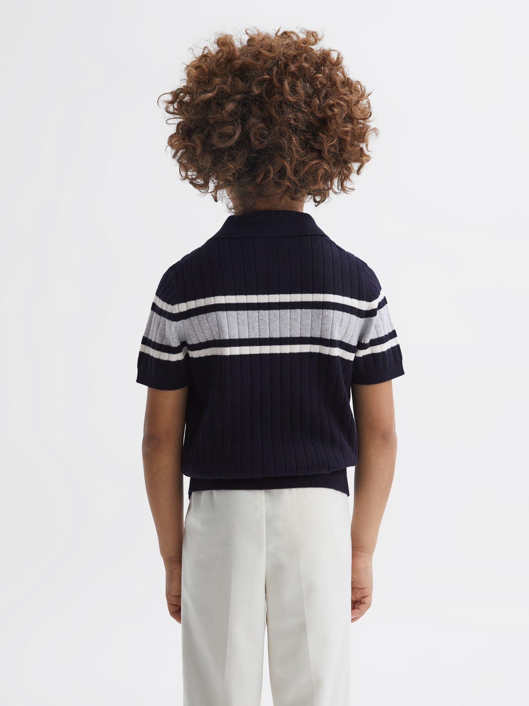 Ribbed Open Collar Shirt in Navy/White - Image 5 of 6