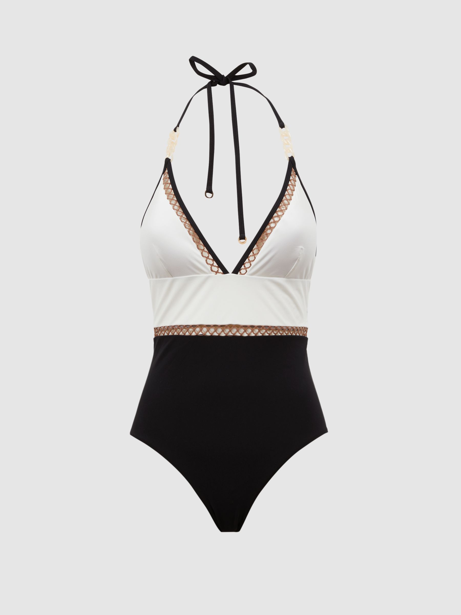 Colourblock Halter Swimsuit in White/Tan - Image 2 of 5