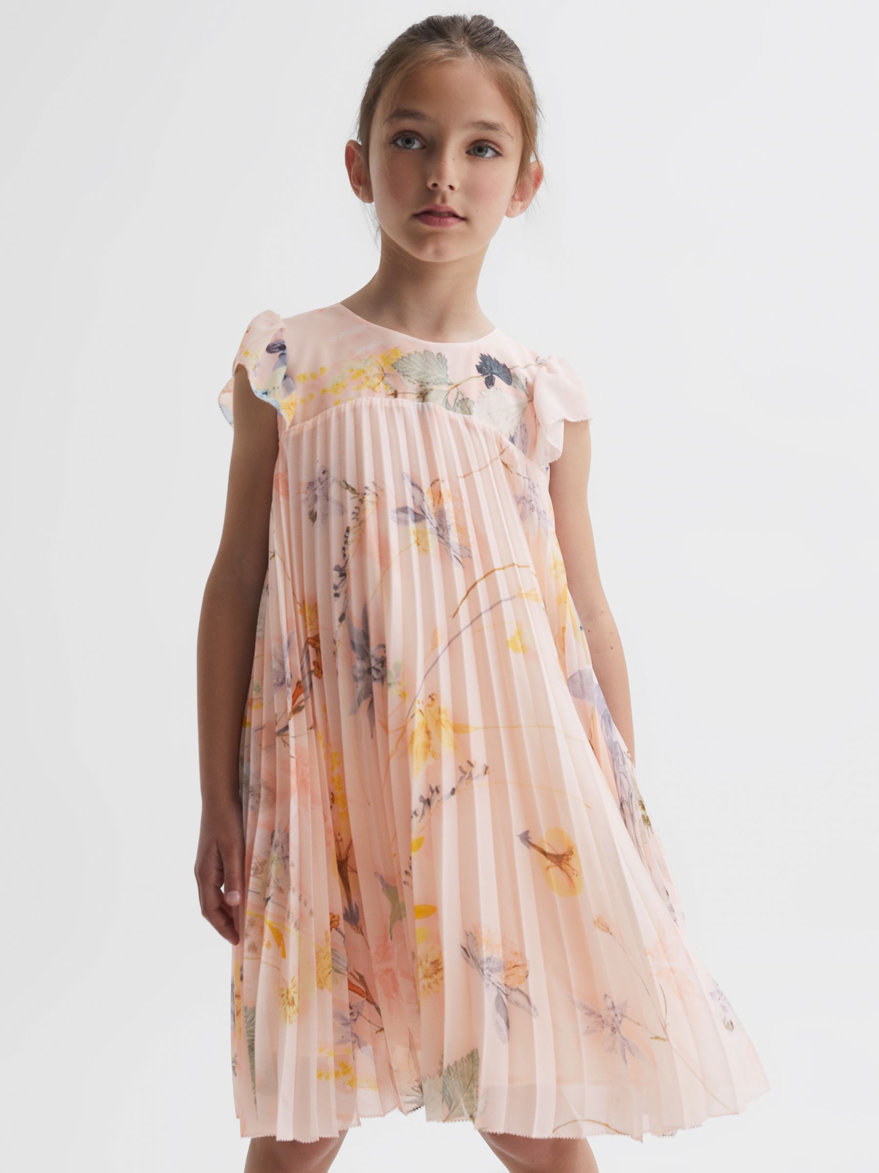 9-14 yrs Floral Pleated Cap Sleeve Dress in Pink - Image 3 of 6
