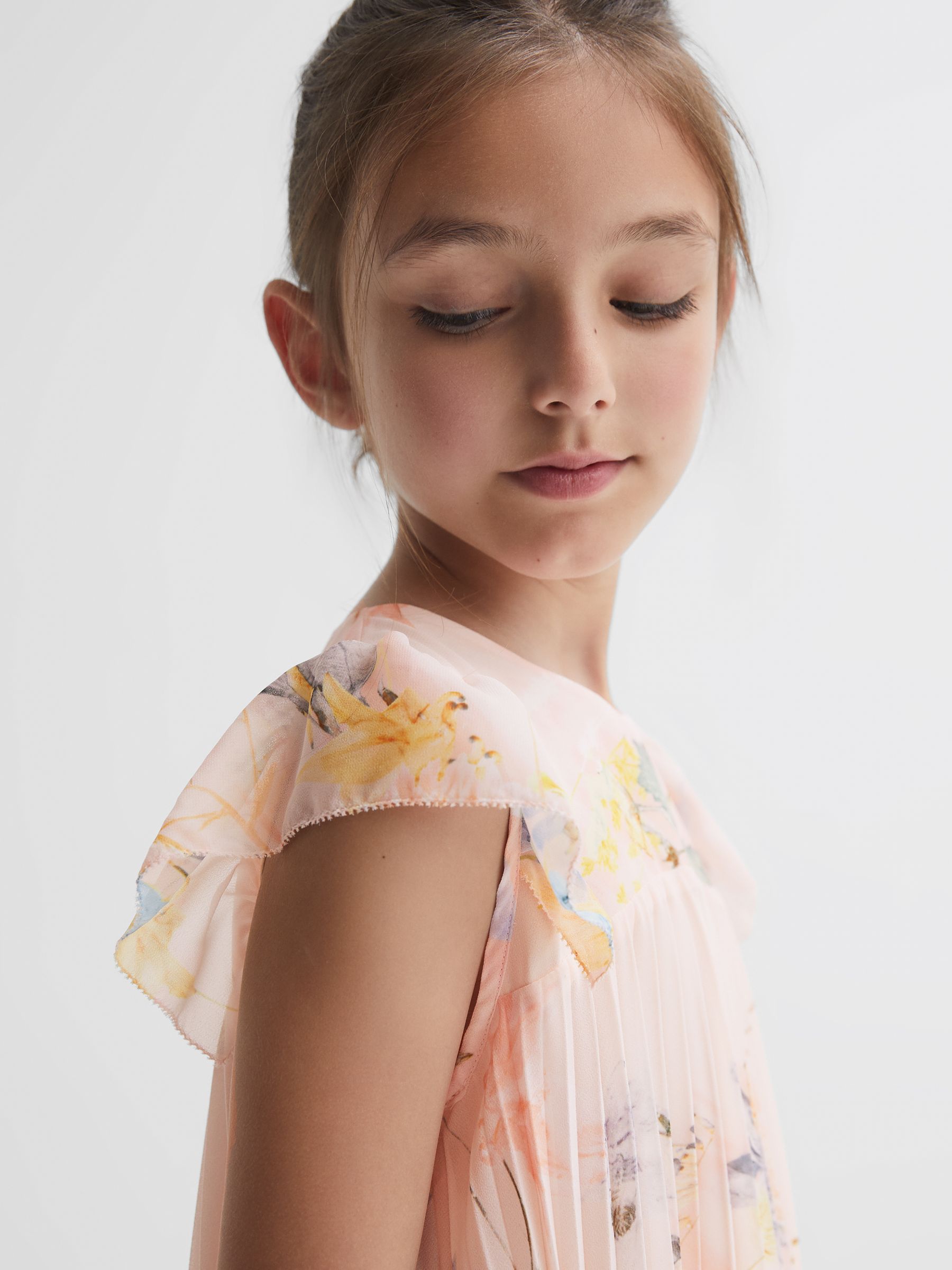 9-14 yrs Floral Pleated Cap Sleeve Dress in Pink - Image 4 of 6