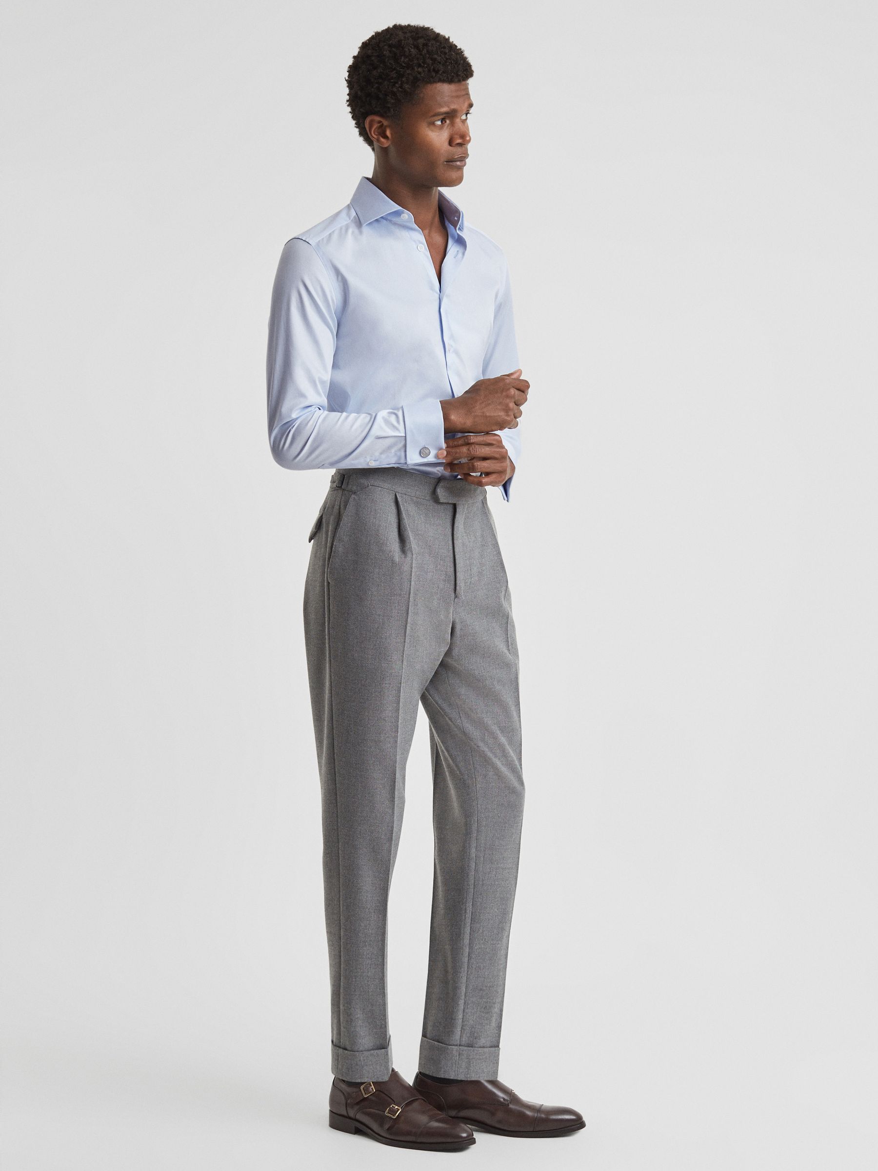 Slim Fit Cotton Cutaway Collar Shirt in Soft Blue - Image 1 of 8