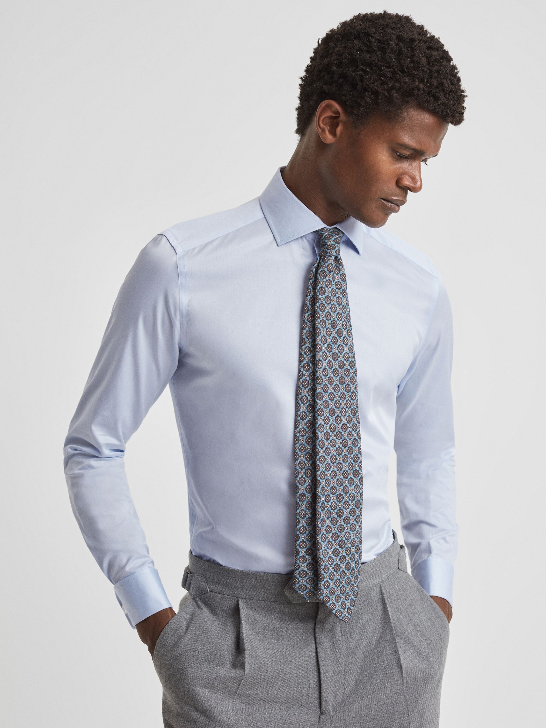 Slim Fit Cotton Cutaway Collar Shirt in Soft Blue - Image 3 of 8