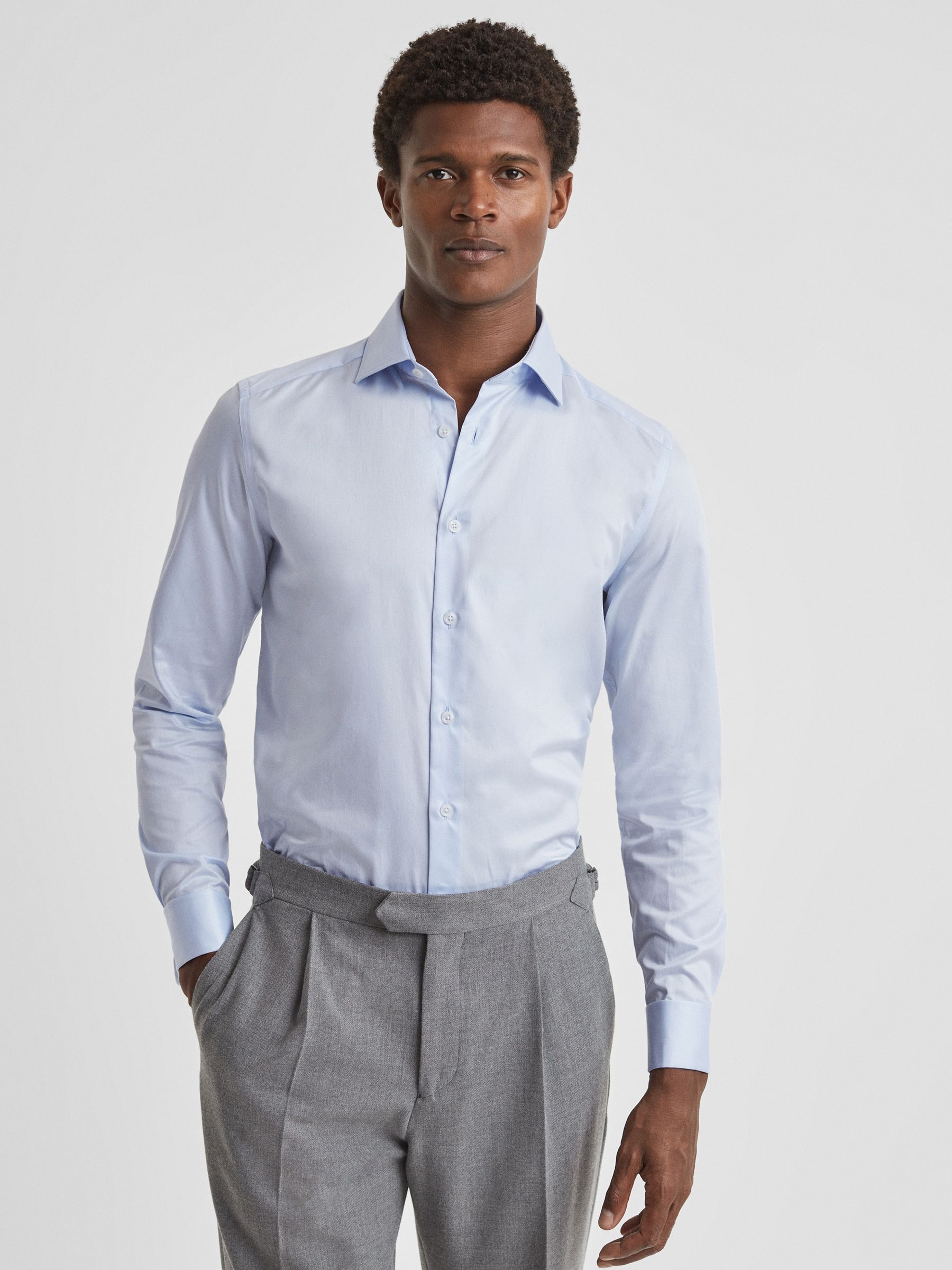 Slim Fit Cotton Cutaway Collar Shirt in Soft Blue - Image 6 of 8