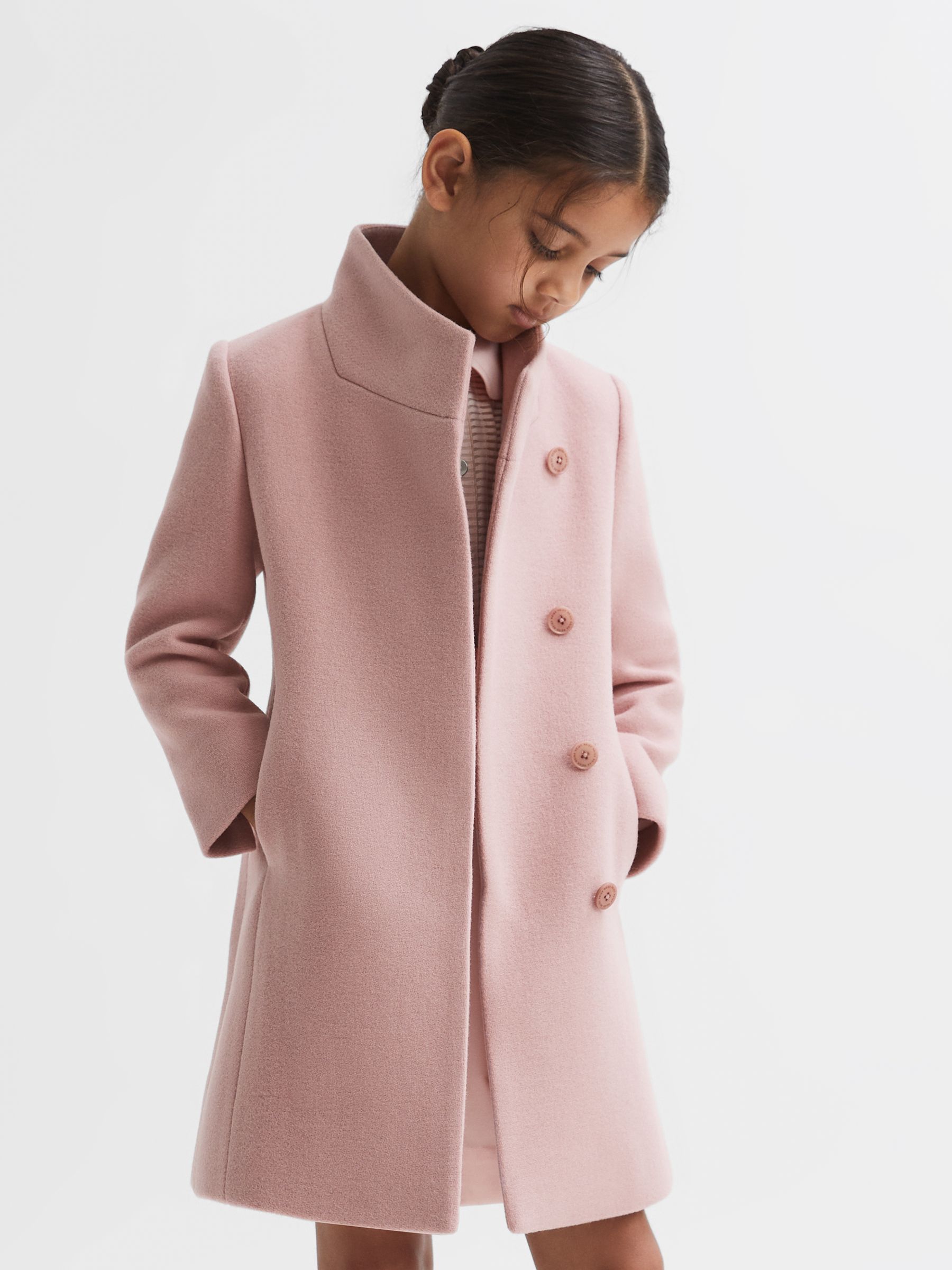 Junior Wool Blend Funnel Neck Coat in Pink - Image 1 of 6 Junior Wool Blend Funnel Neck Coat in Pink - Image 1 of 6