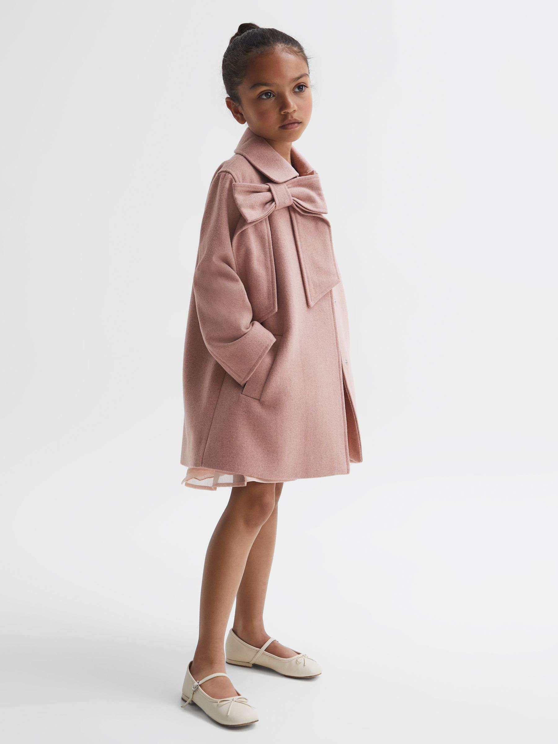 9-14 yrs Wool Bow Detail Coat in Pink - Image 3 of 6
