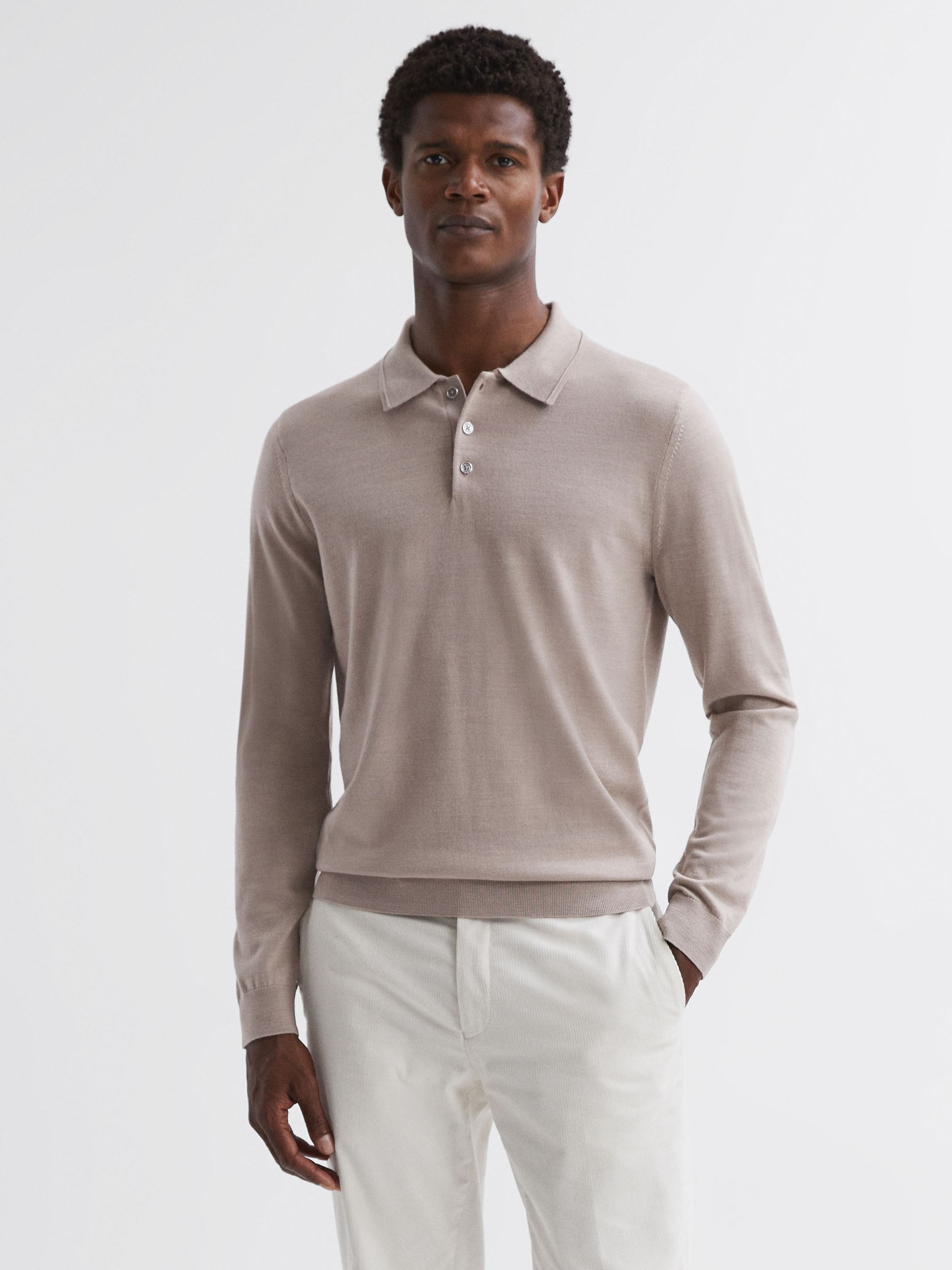 Merino Wool Polo Shirt in Mink - Image 1 of 5