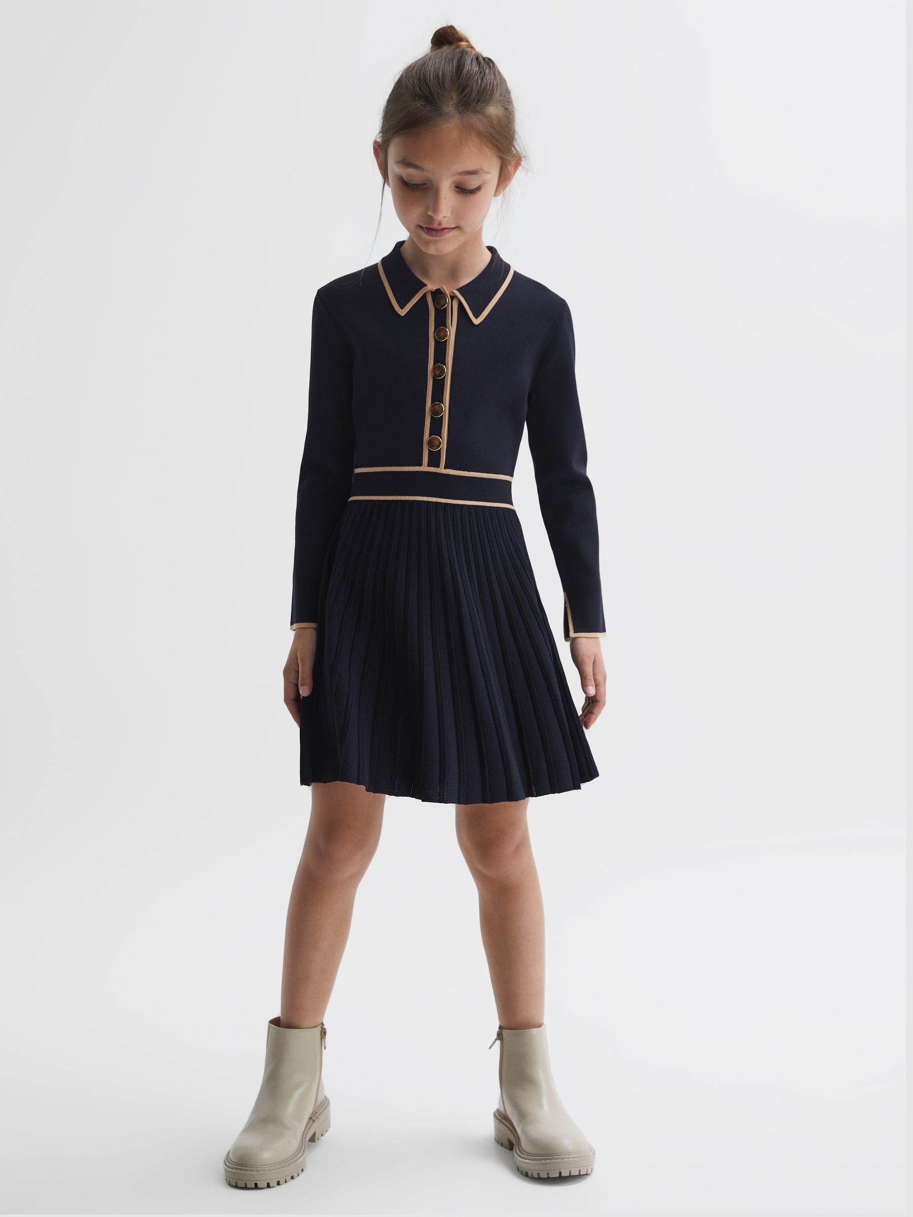 Senior Knitted Polo Skater Dress in Navy - Image 1 of 6