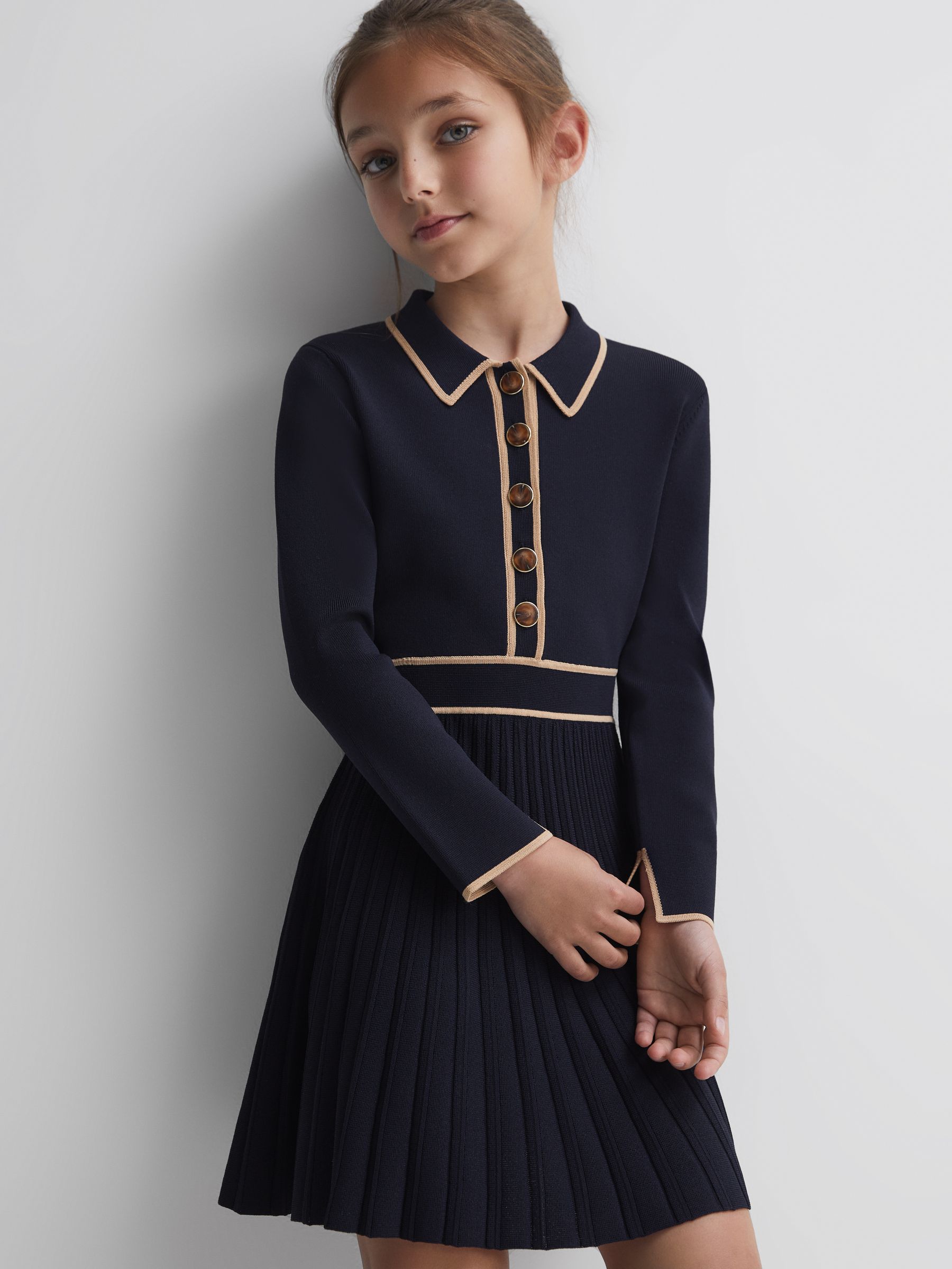 Senior Knitted Polo Skater Dress in Navy - Image 3 of 6