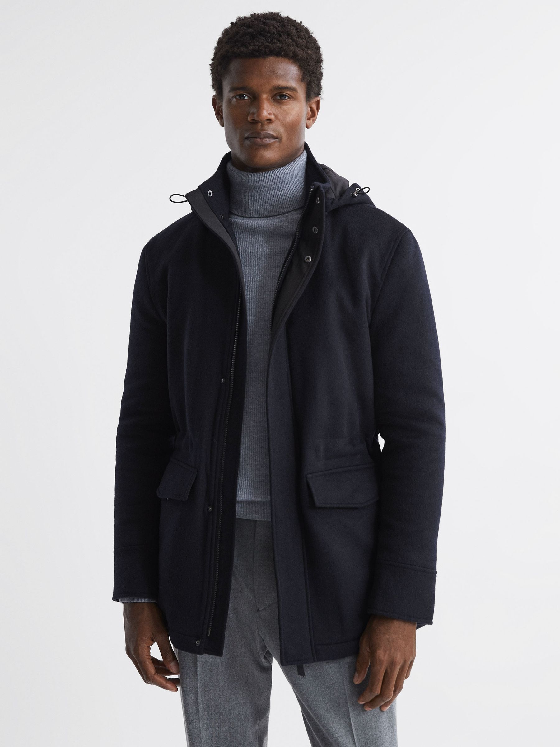 Wool Blend Removable Hooded Coat in Navy - Image 1 of 8