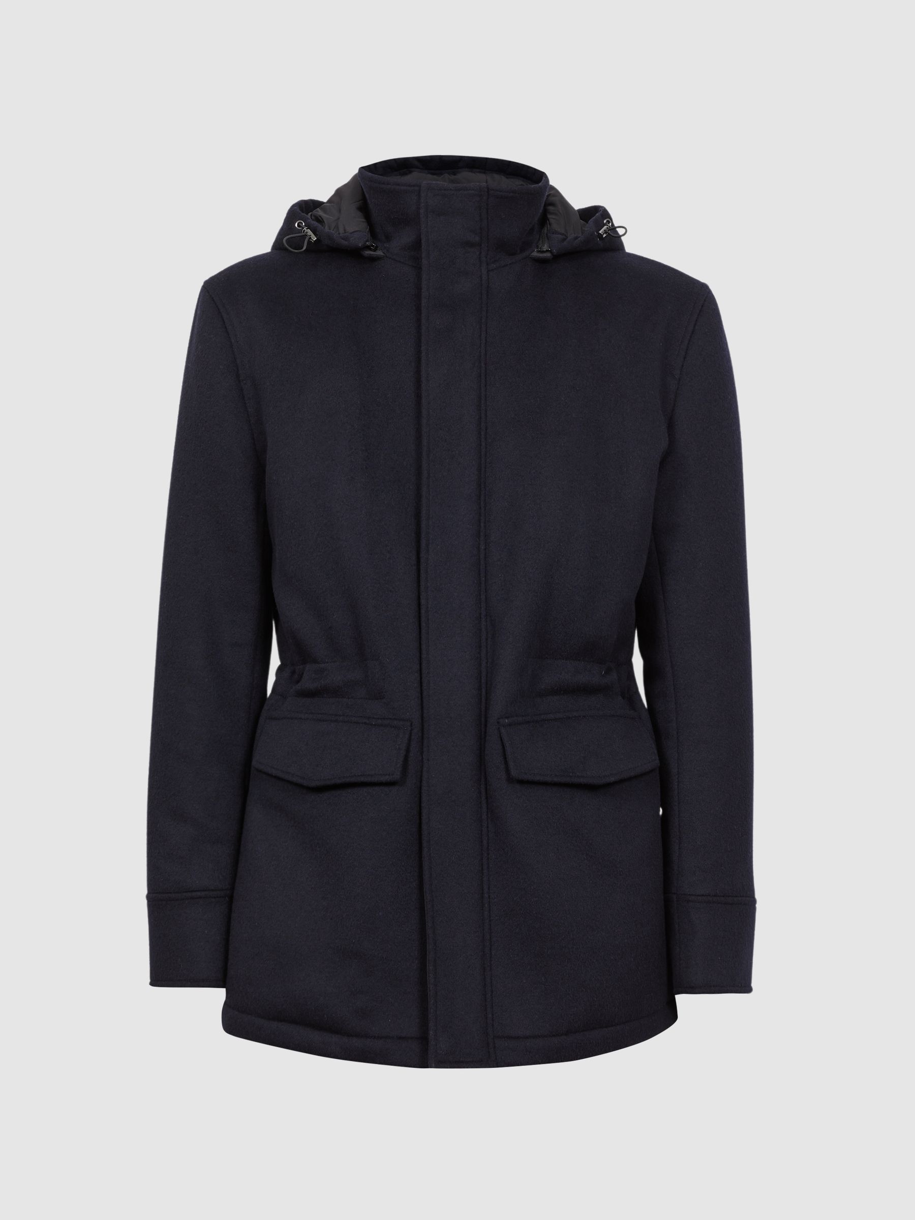Wool Blend Removable Hooded Coat in Navy - Image 2 of 8