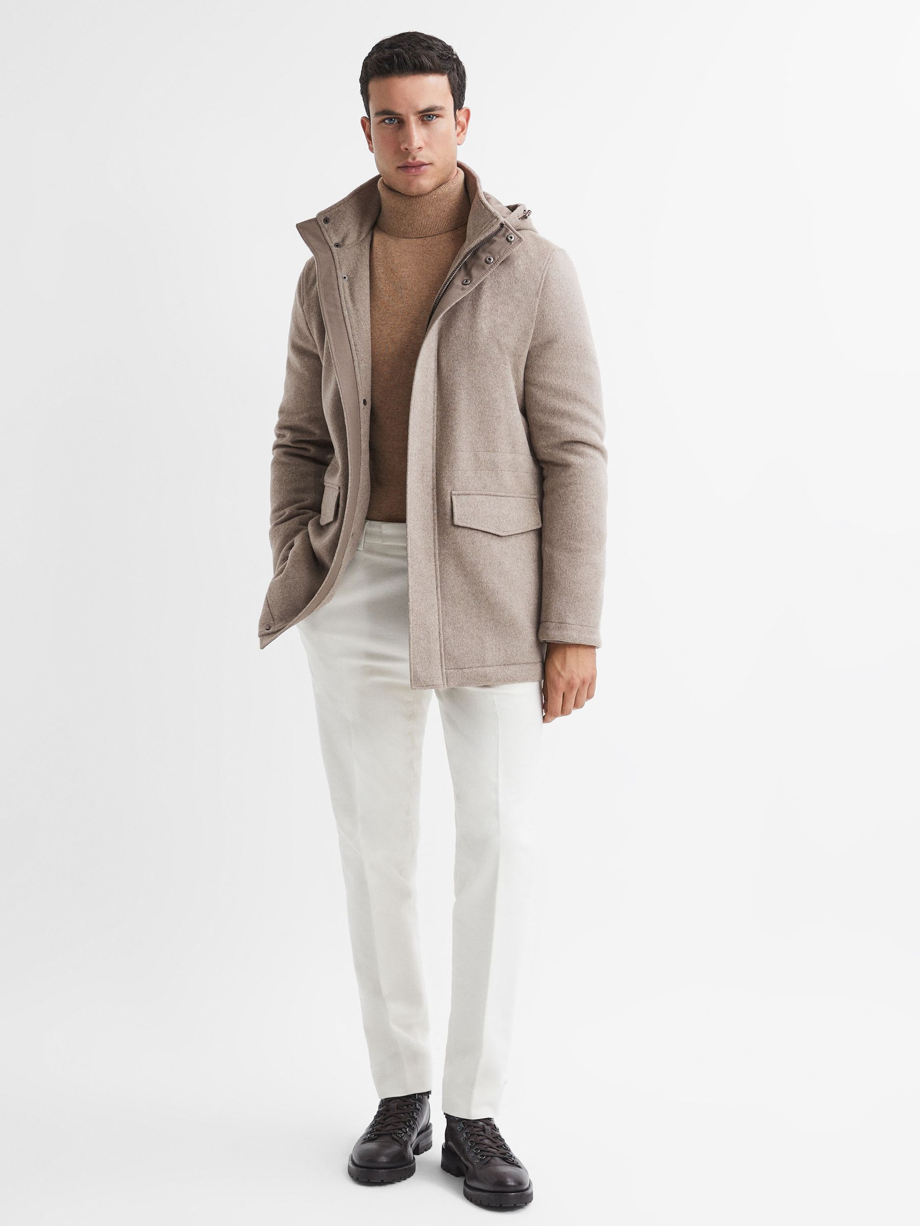 Wool Blend Removable Hooded Coat in Fawn - Image 3 of 6