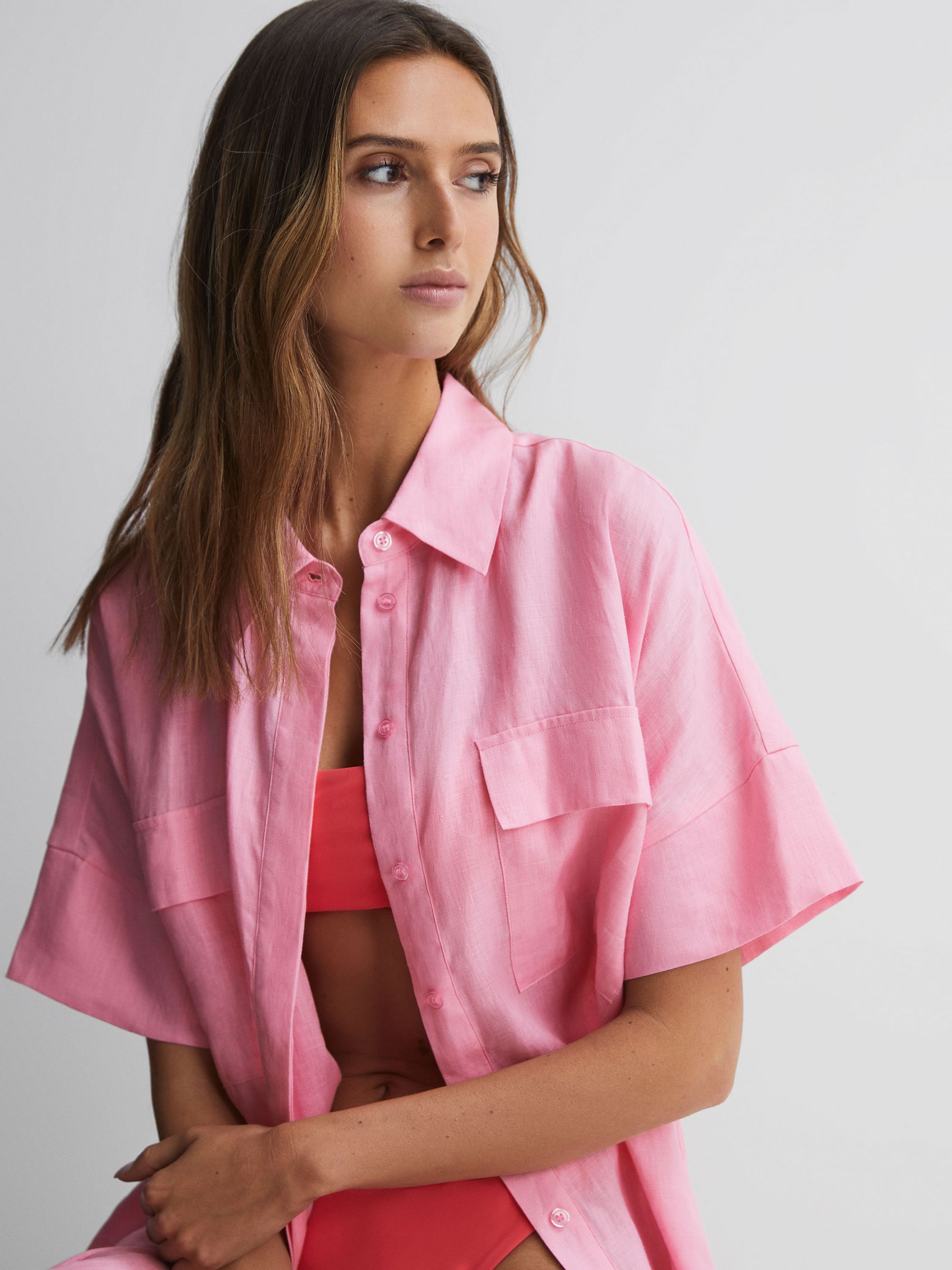Linen T-Shirt Dress Kaftan in Pink - Image 4 of 5