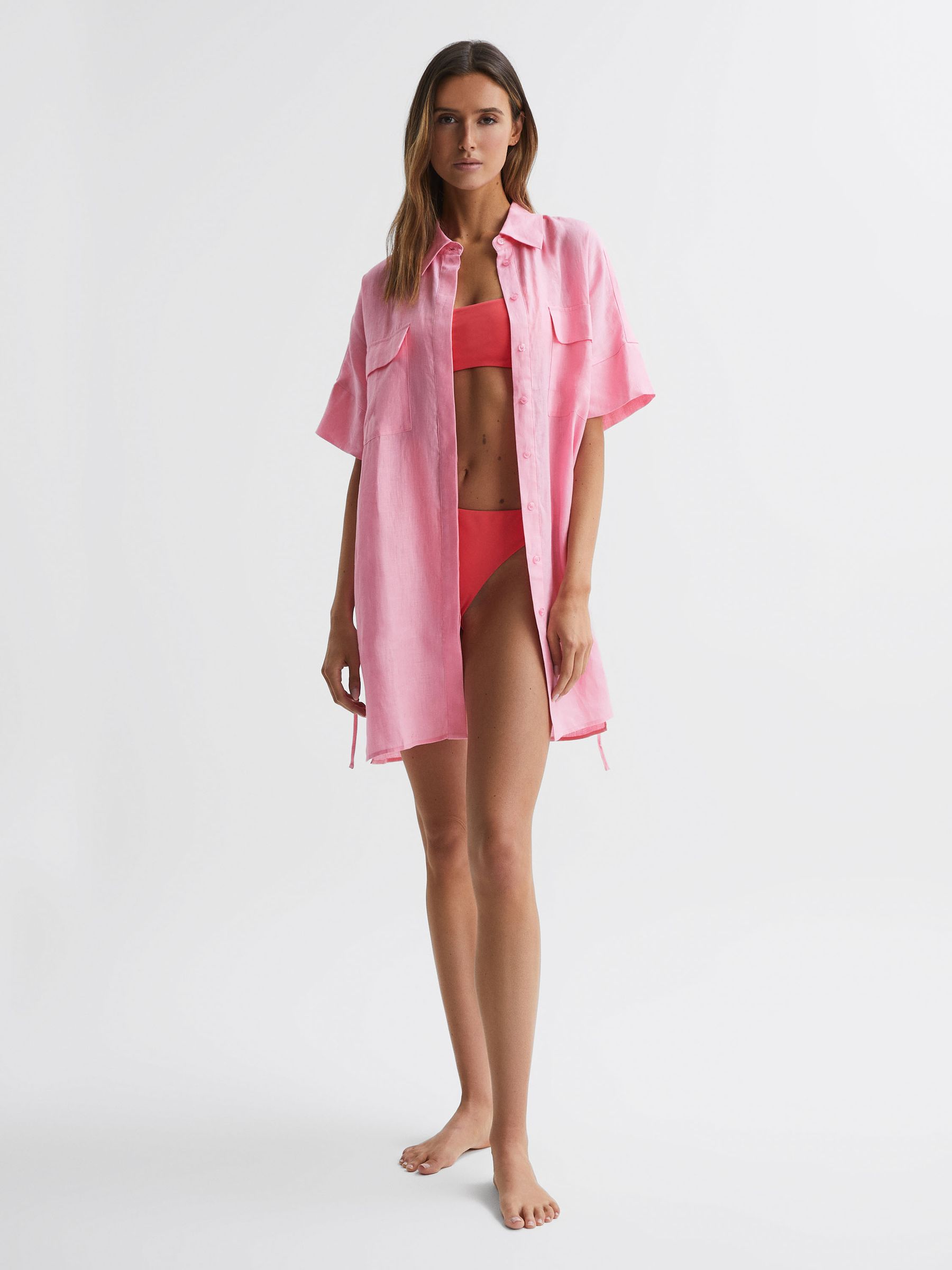 Linen T-Shirt Dress Kaftan in Pink - Image 5 of 5