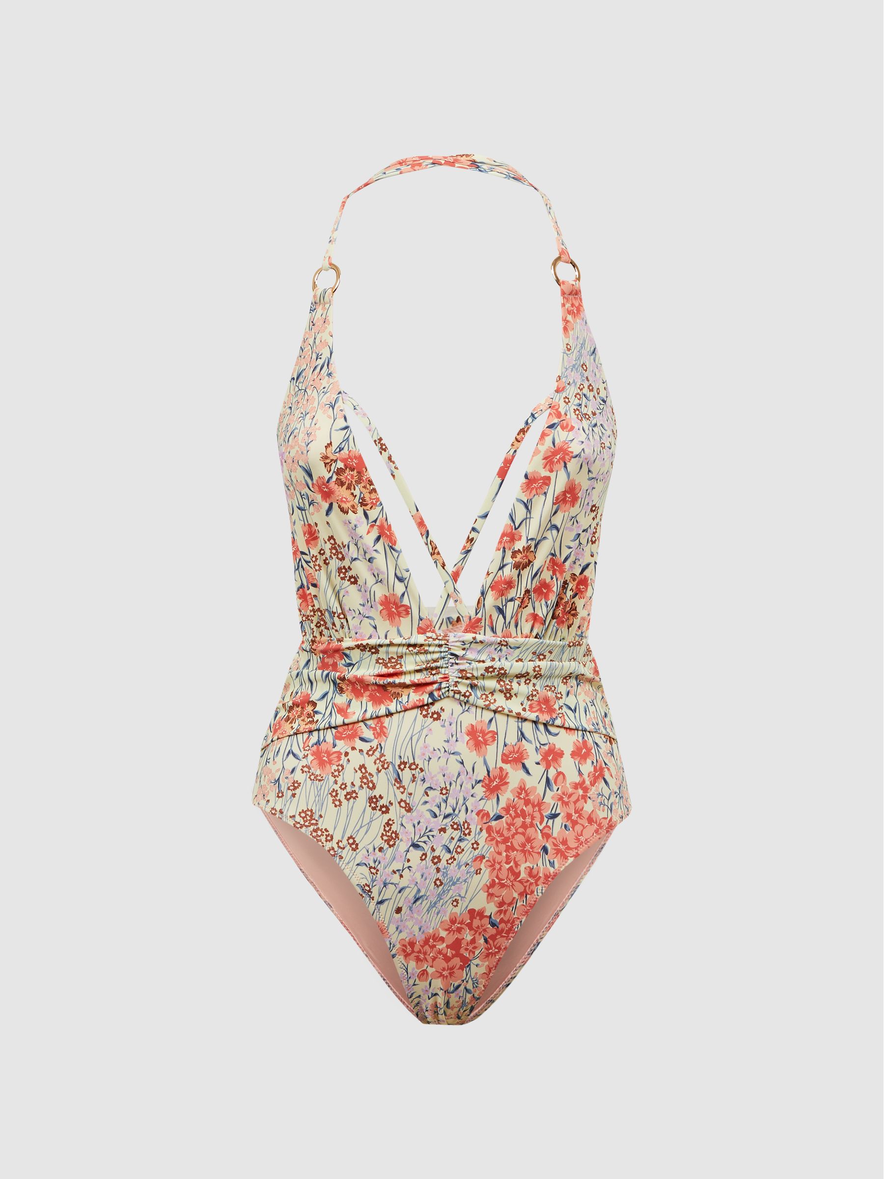 Floral Print Plunge Neck Swimsuit in Pink Print - Image 2 of 5