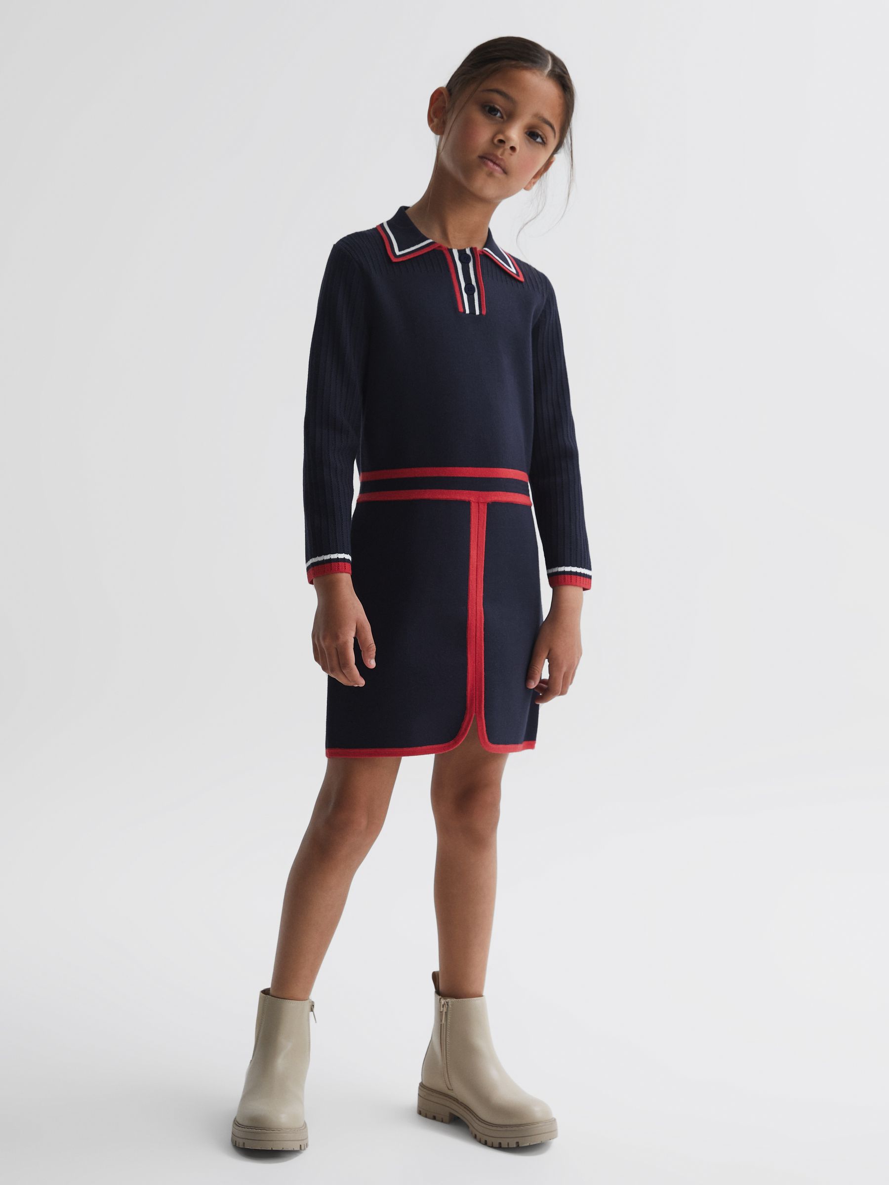 9-14 yrs Knitted Polo Dress in Navy - Image 1 of 6