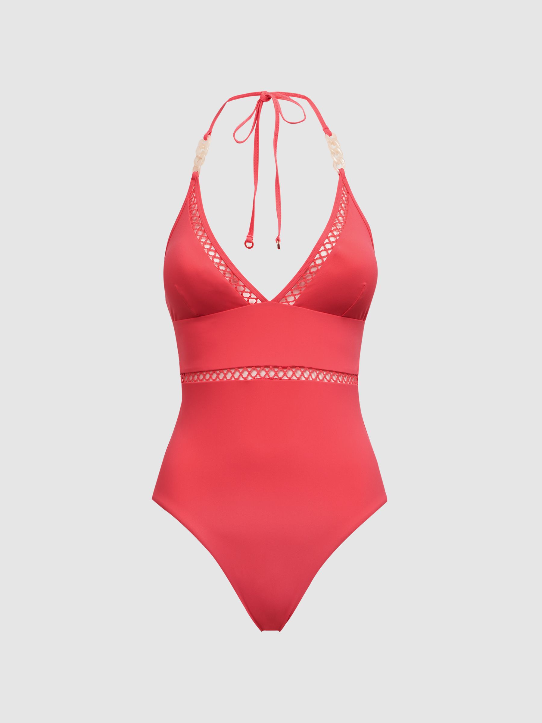 Colourblock Halter Swimsuit in Coral - Image 2 of 4