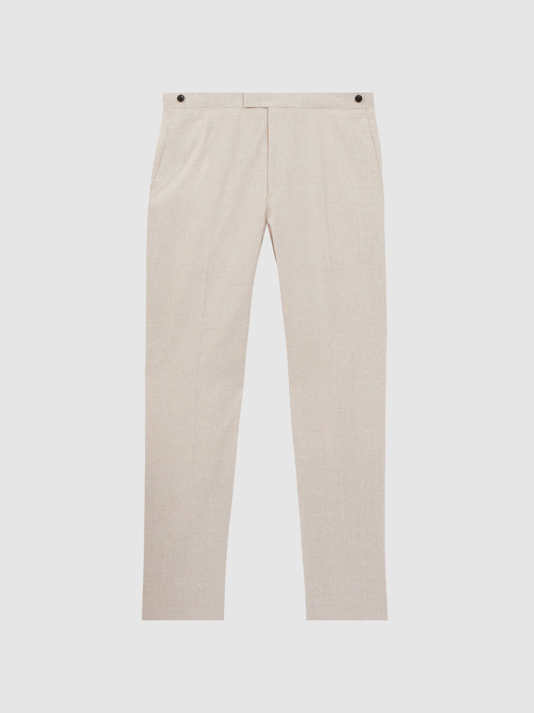 Slim Fit Cotton-Linen Check Adjustable Trousers in Oatmeal - Image 2 of 4