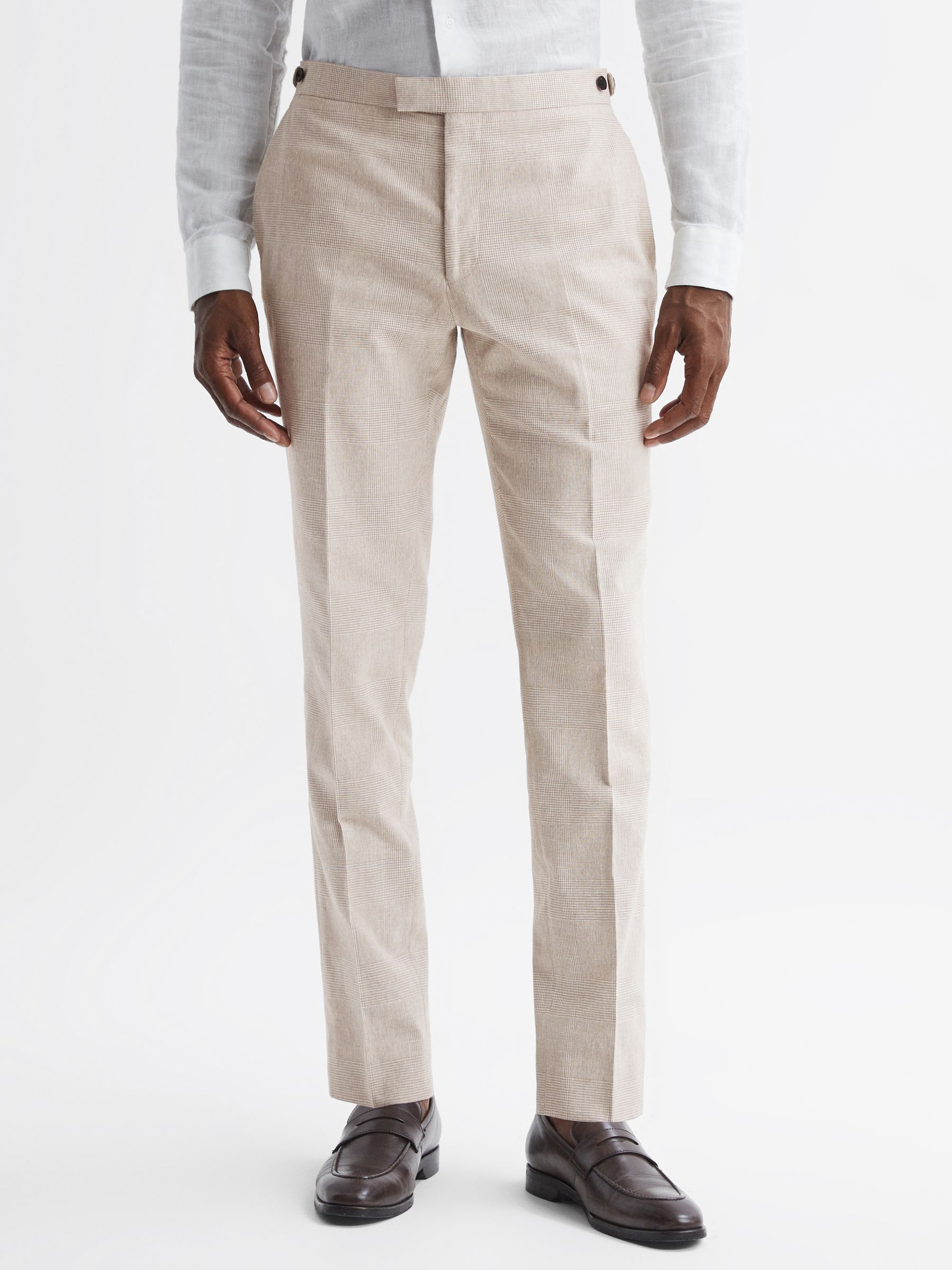 Slim Fit Cotton-Linen Check Adjustable Trousers in Oatmeal - Image 3 of 4