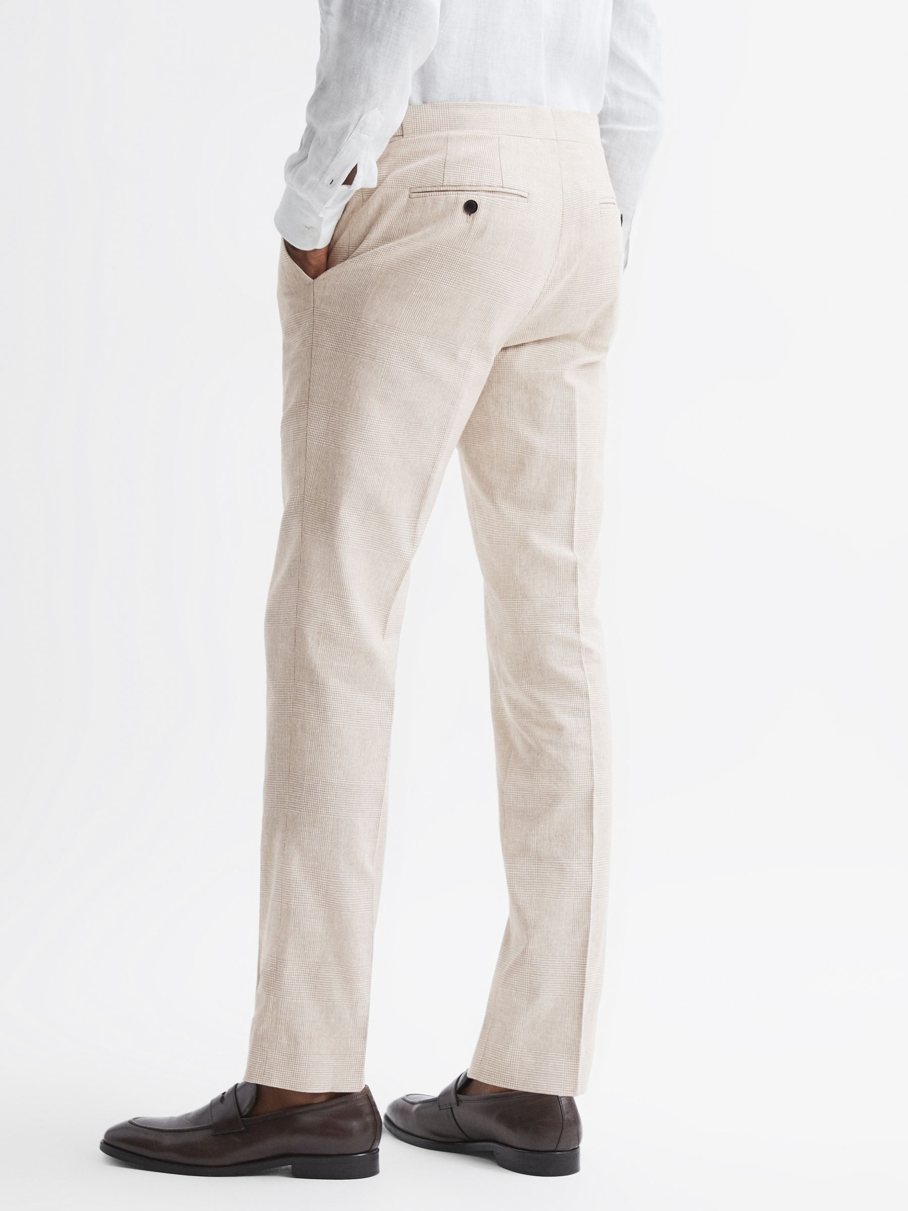 Slim Fit Cotton-Linen Check Adjustable Trousers in Oatmeal - Image 4 of 4