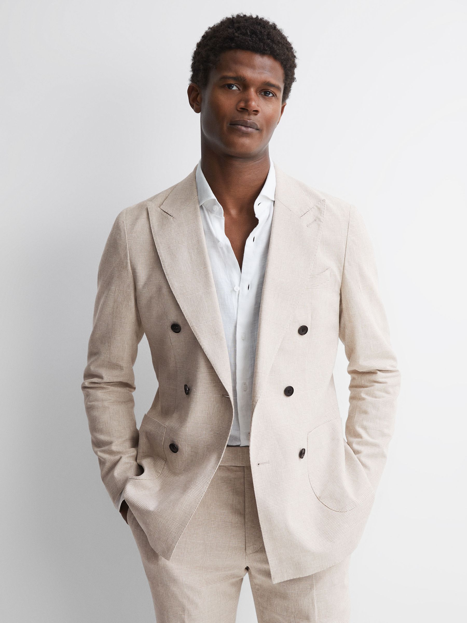 Craft Oatmeal Slim Fit Double Breasted Cotton-Linen Check Blazer - Image 1 of 6 Craft Oatmeal Slim Fit Double Breasted Cotton-Linen Check Blazer - Image 1 of 6