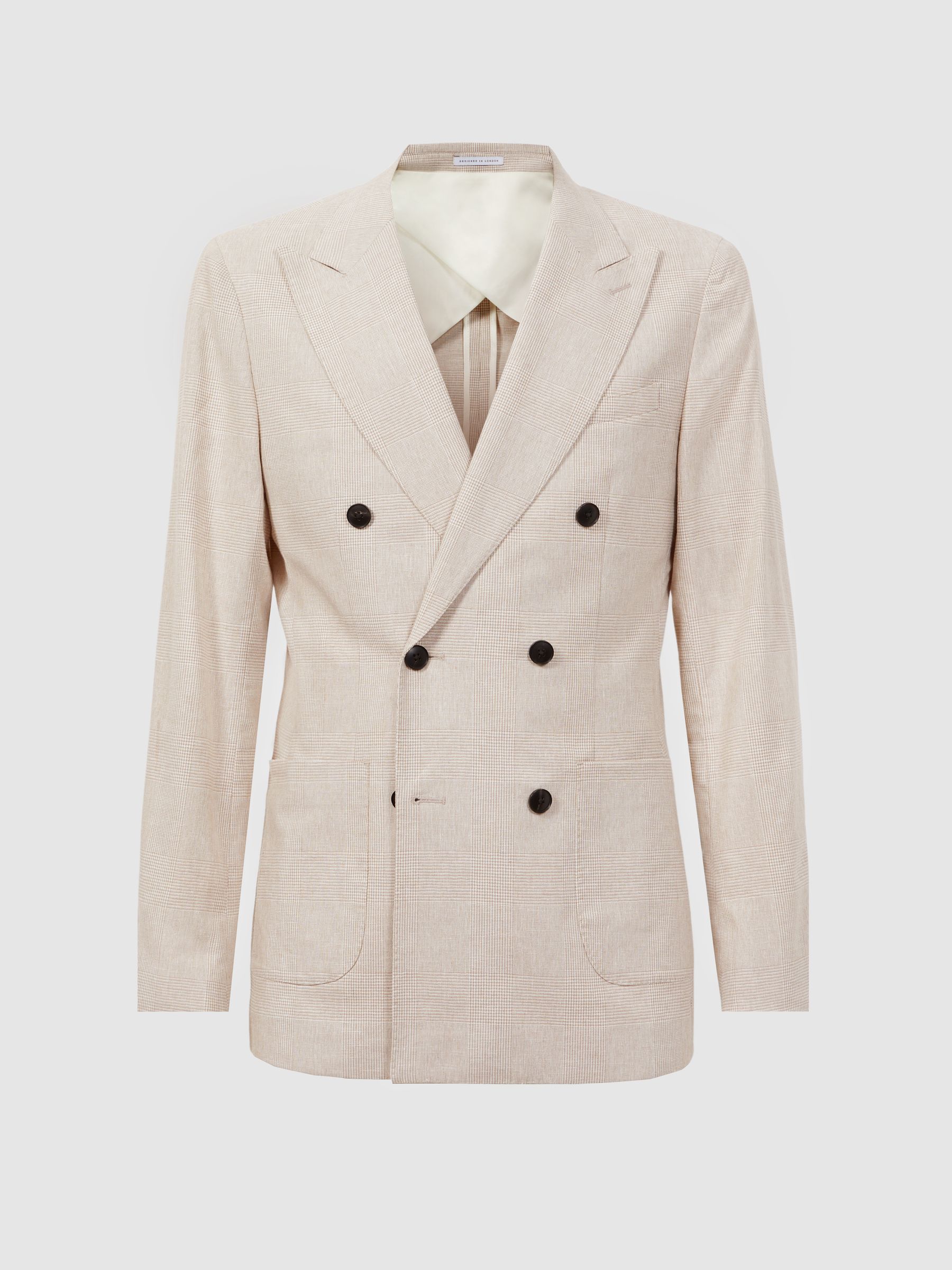 Craft Oatmeal Slim Fit Double Breasted Cotton-Linen Check Blazer - Image 2 of 6