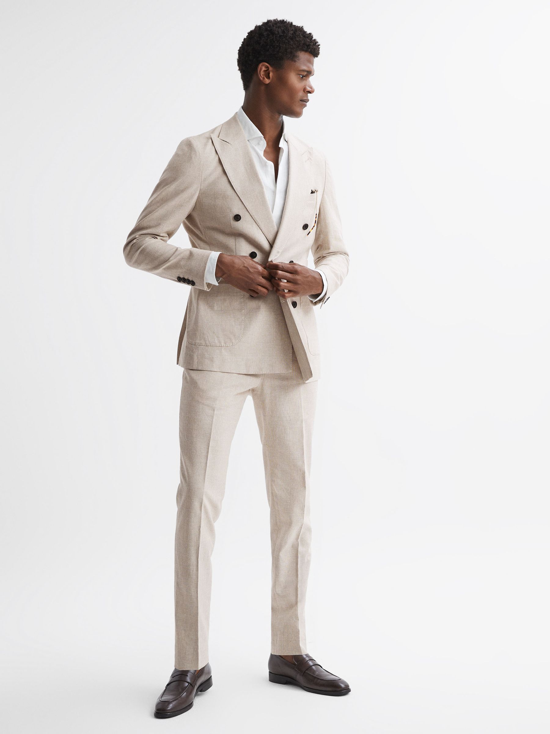 Craft Oatmeal Slim Fit Double Breasted Cotton-Linen Check Blazer - Image 3 of 6