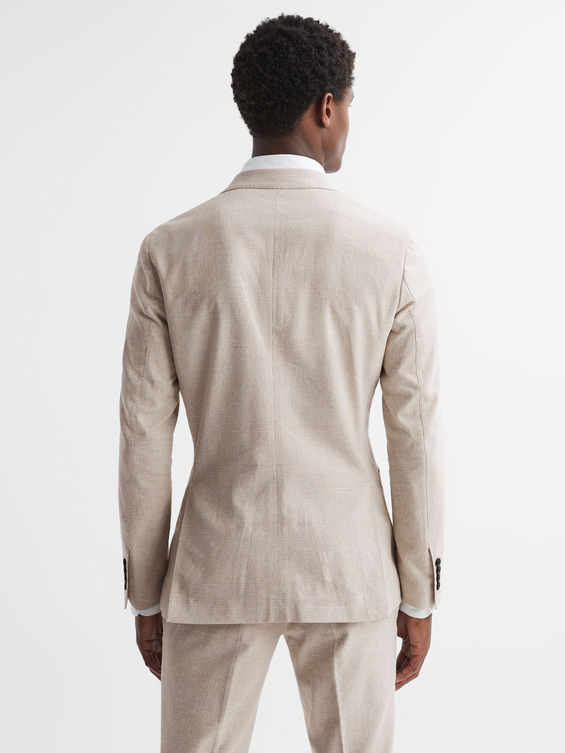 Craft Oatmeal Slim Fit Double Breasted Cotton-Linen Check Blazer - Image 4 of 6