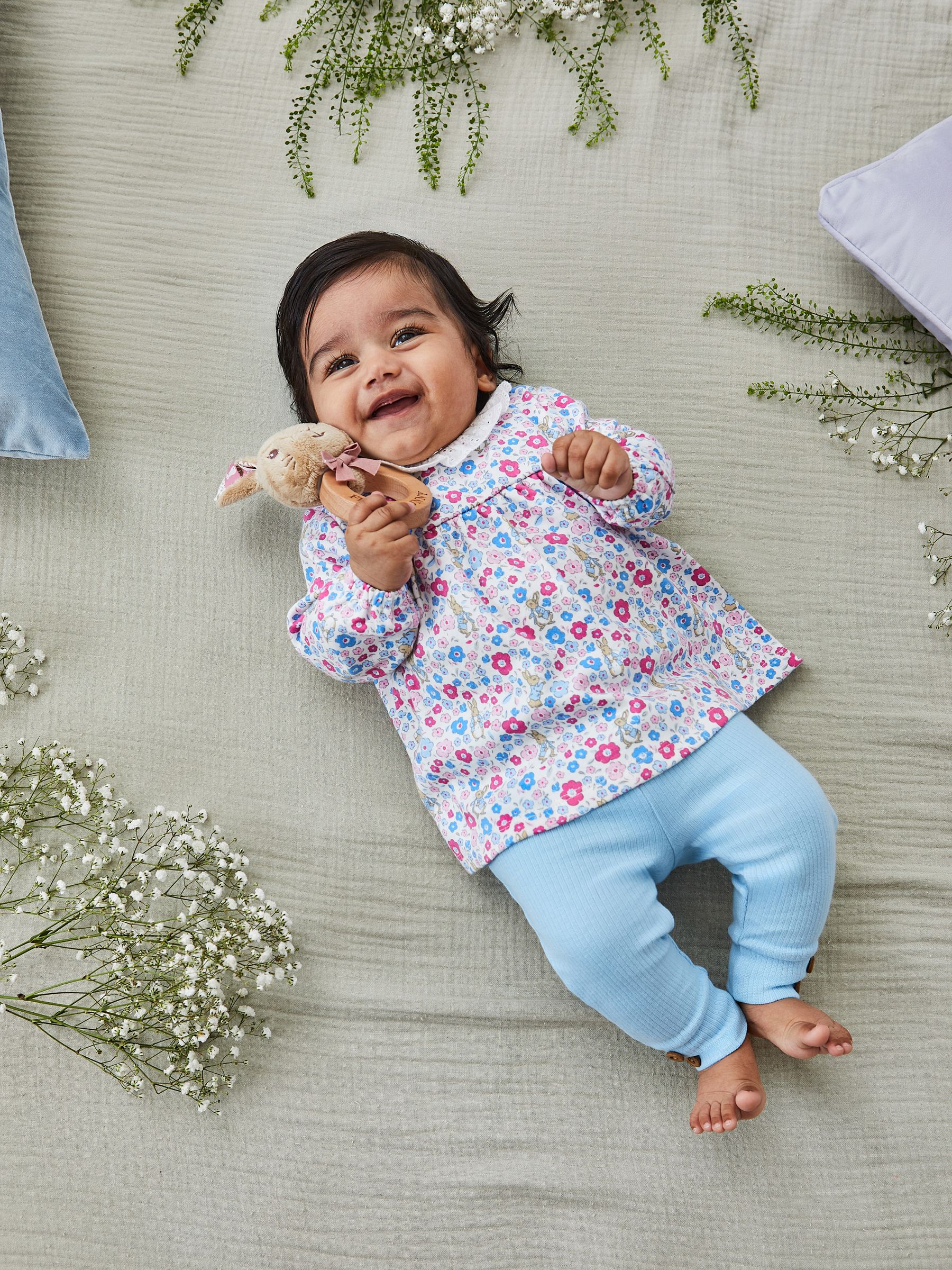 Blue Girls' Peter Rabbit Floral Tunic With Collar & Rib Leggings Baby Set - Image 1 of 8