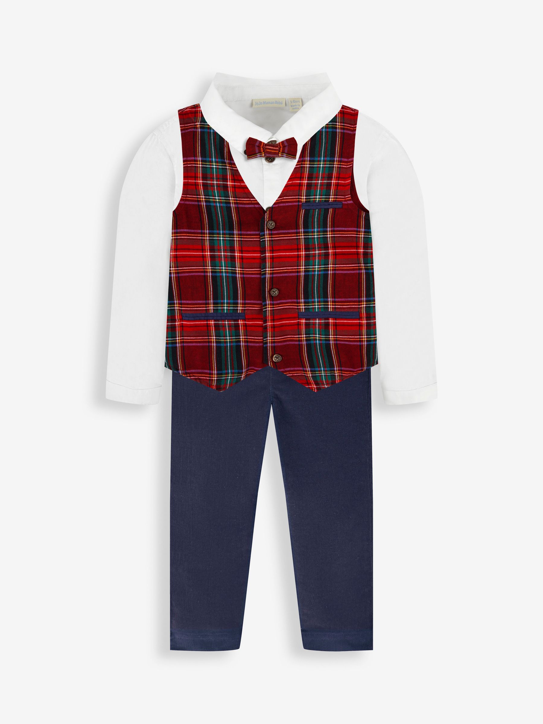 Navy Boys' Tartan Waistcoat, Shirt Cord Trousers Set With Bow