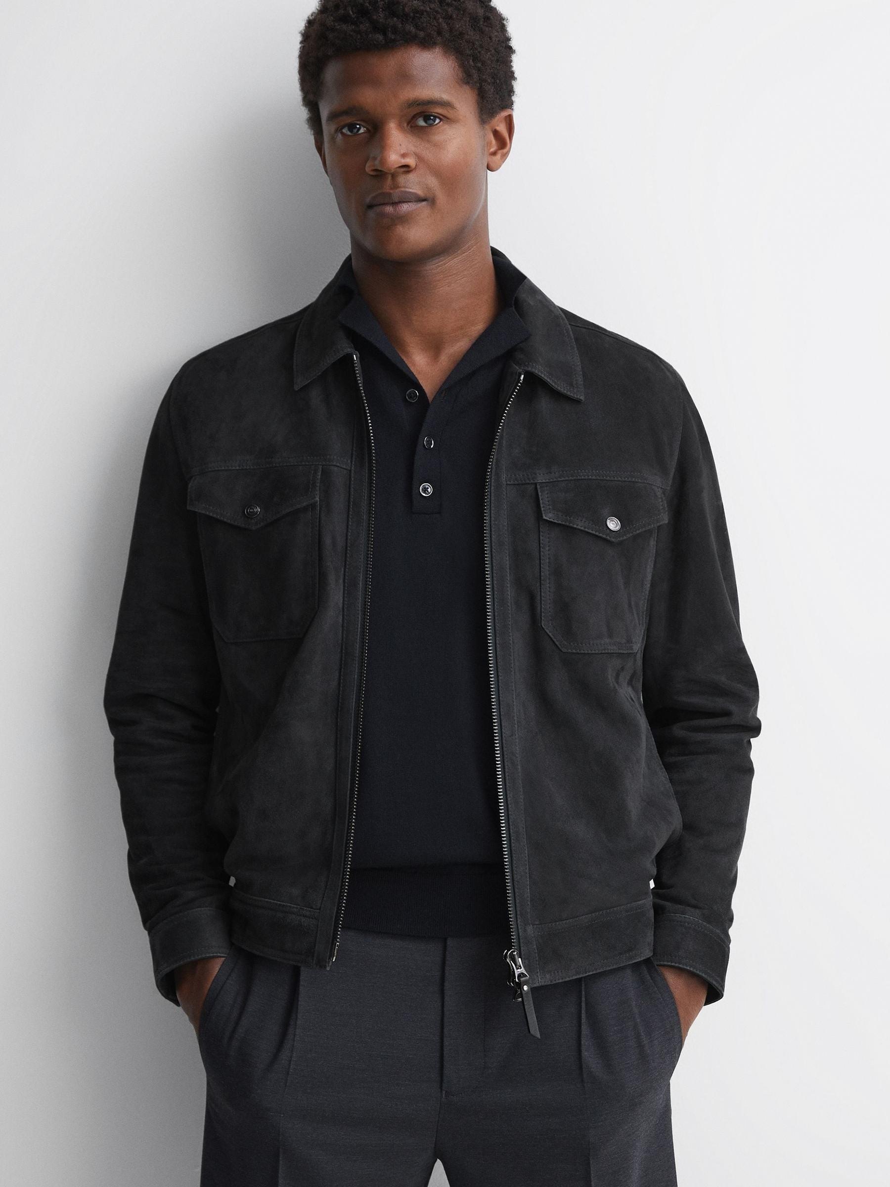 Suede Zip-Through Trucker Jacket in Slate - Image 1 of 4 Suede Zip-Through Trucker Jacket in Slate - Image 1 of 4