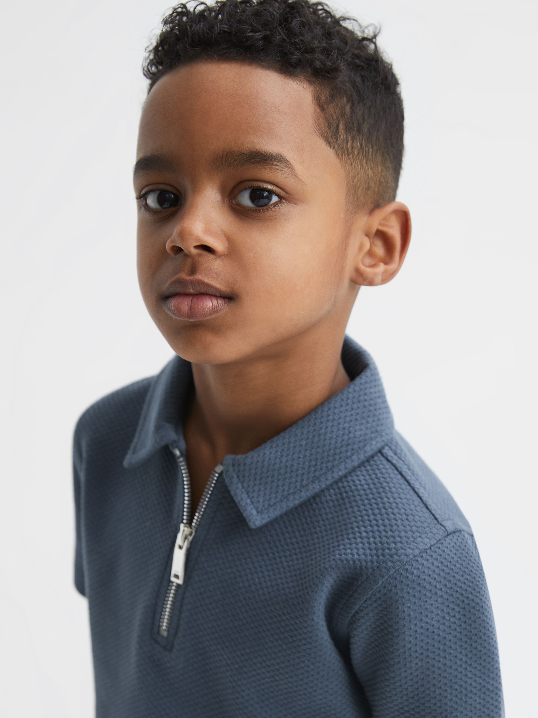 Junior Textured Half-Zip Polo Shirt in Airforce Blue - Image 4 of 6
