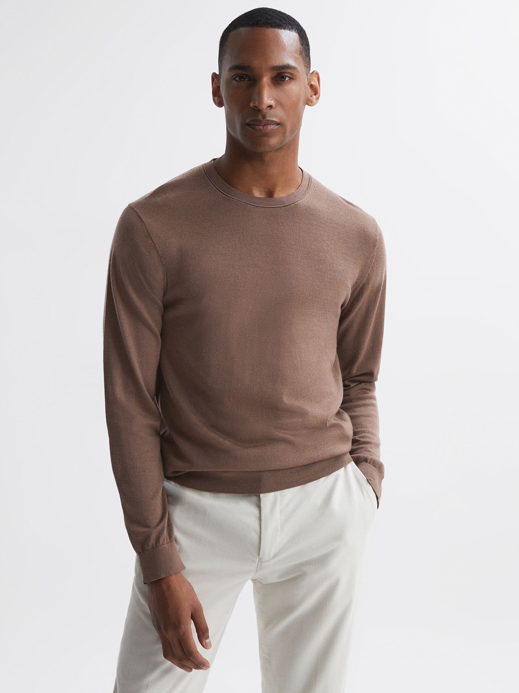 Merino Wool Crew Neck Jumper in Brown Sugar - Image 1 of 5