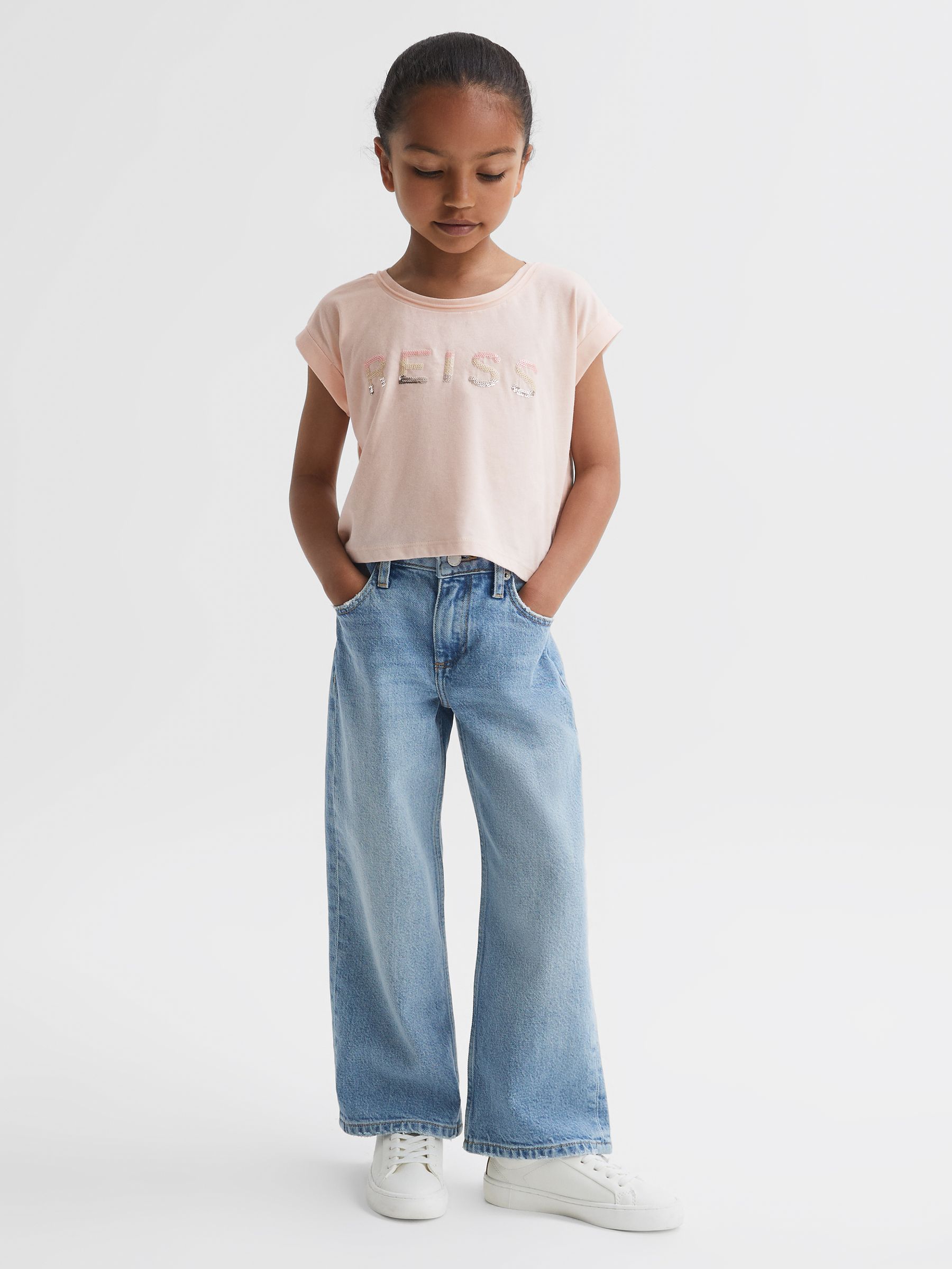 9-14 yrs Cotton Crew Neck Cropped T-Shirt in Pink - Image 1 of 6