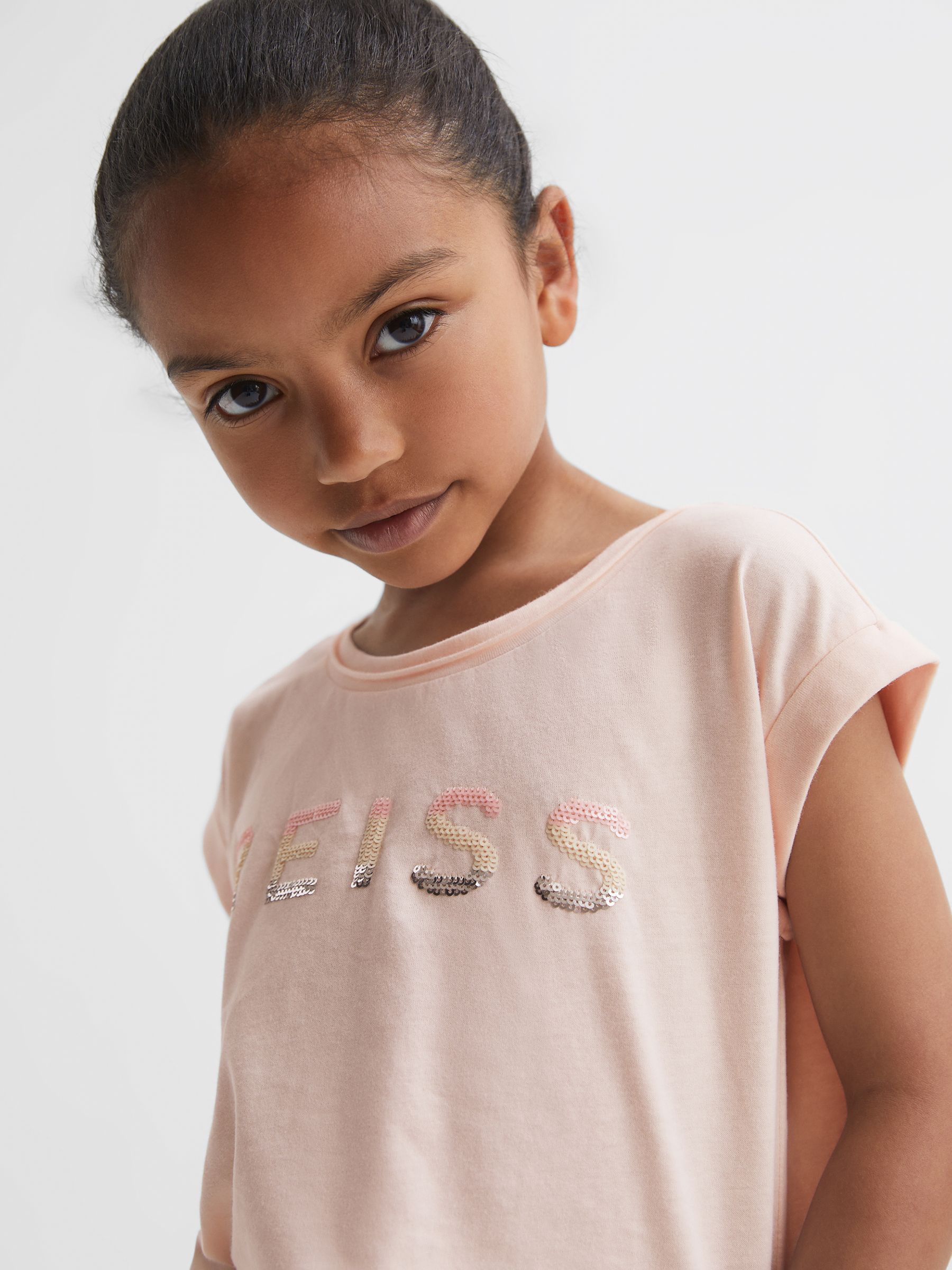 9-14 yrs Cotton Crew Neck Cropped T-Shirt in Pink - Image 4 of 6