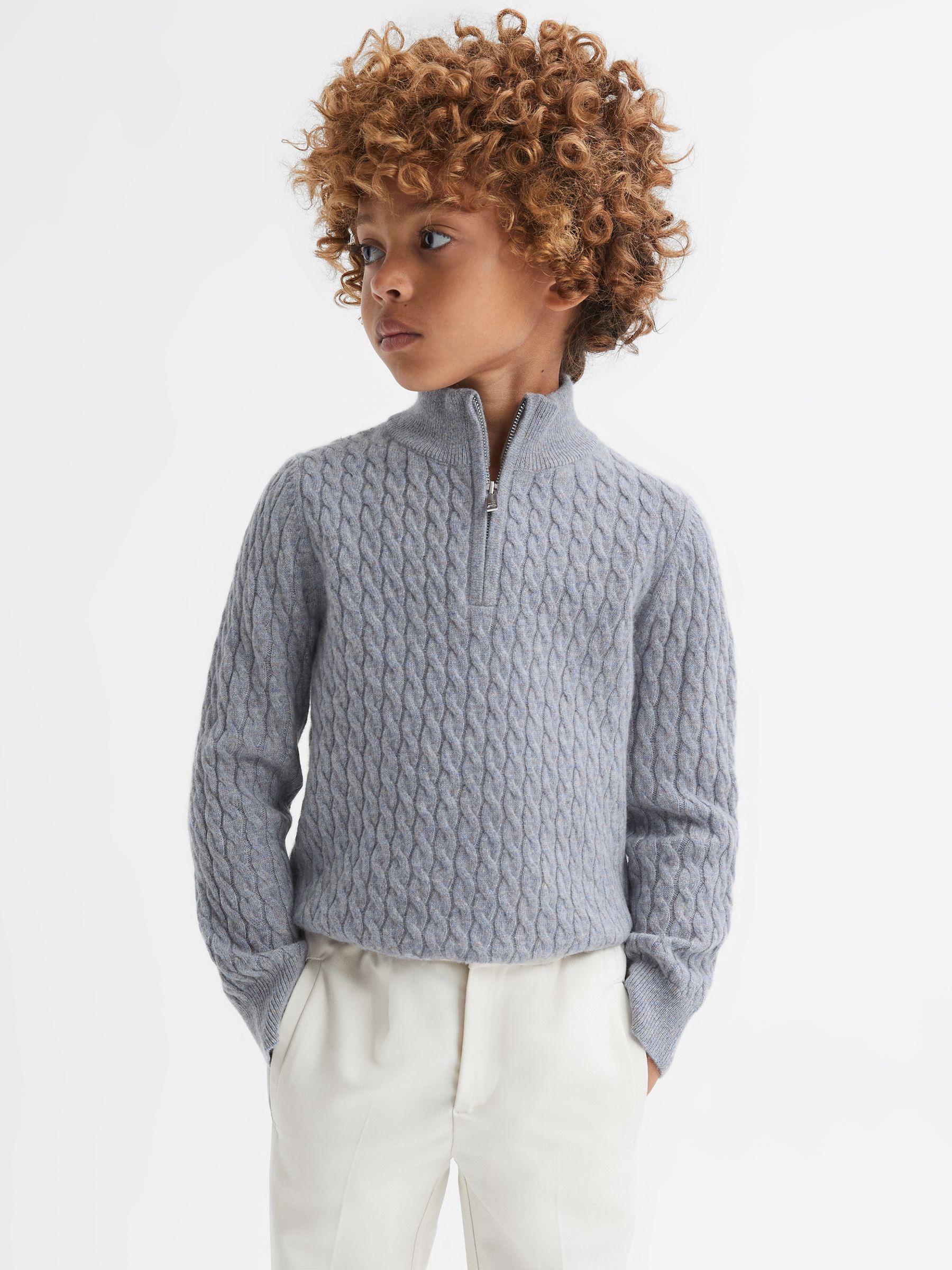 Senior Cashmere Knitted Half-Zip Funnel Neck Jumper in Isla Blue - Image 1 of 6