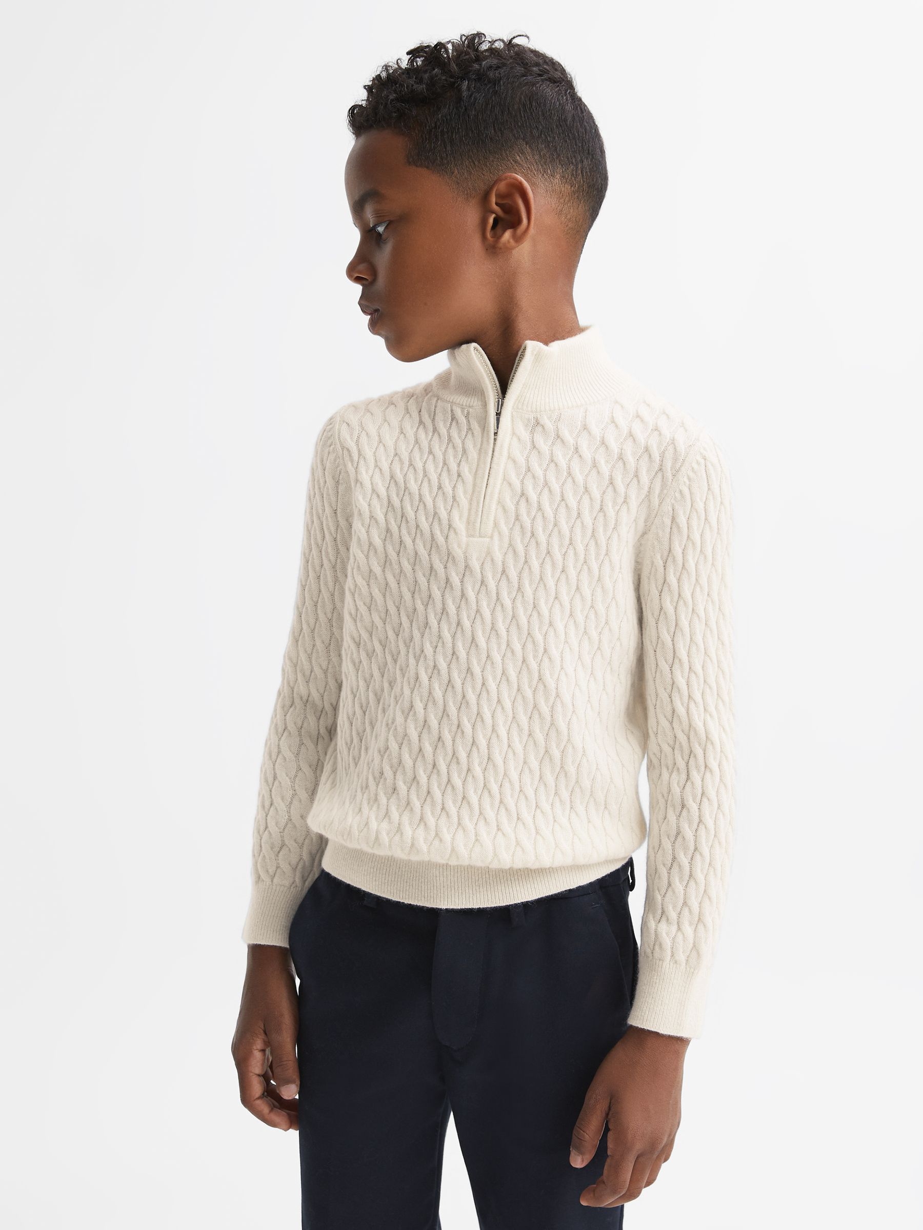 Junior Cashmere Knitted Half-Zip Funnel Neck Jumper in Cloud White - Image 3 of 6