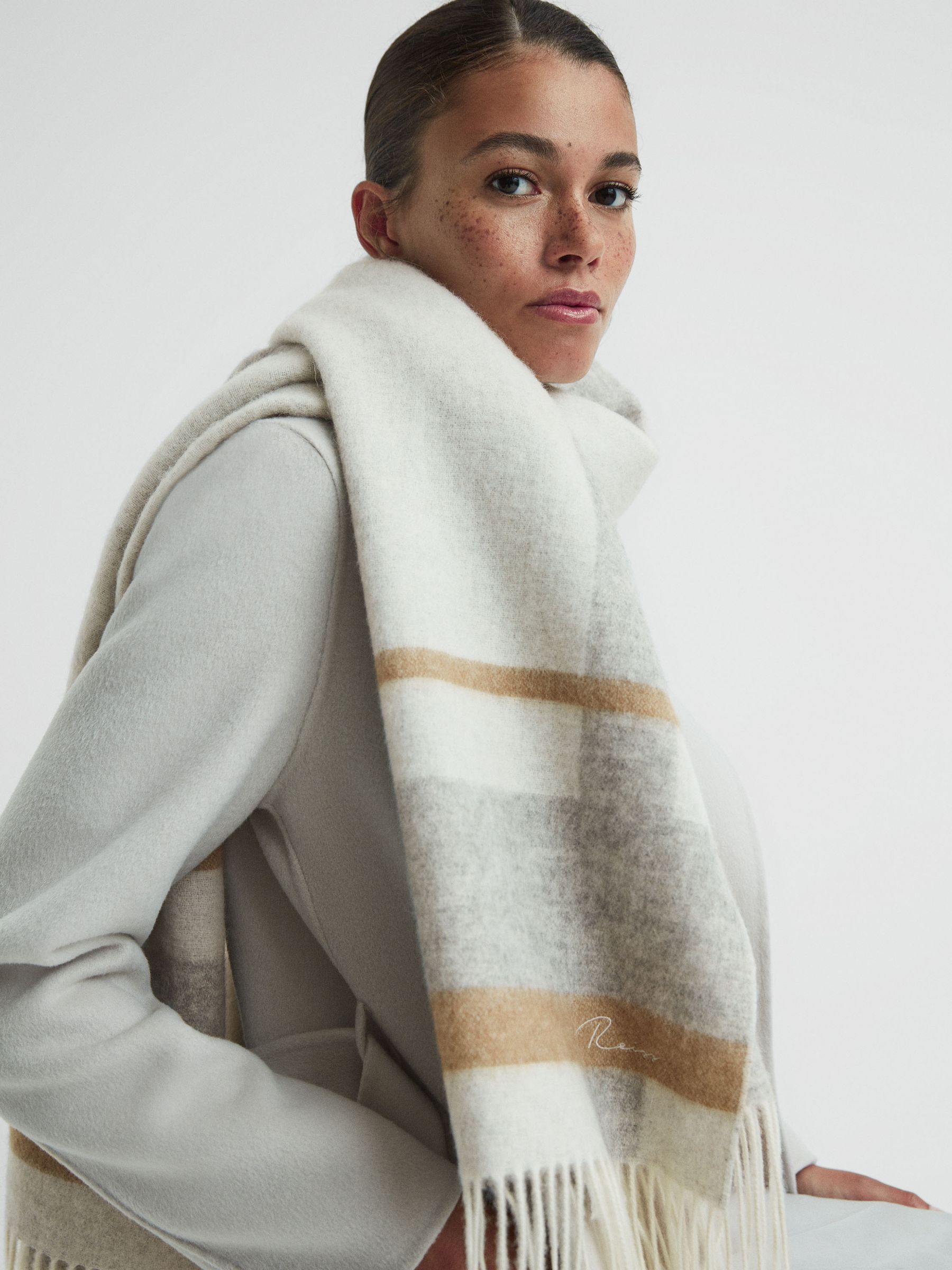 Lambswool-Cashmere Check Scarf in Grey/Ecru - Image 2 of 4 Lambswool-Cashmere Check Scarf in Grey/Ecru - Image 2 of 4