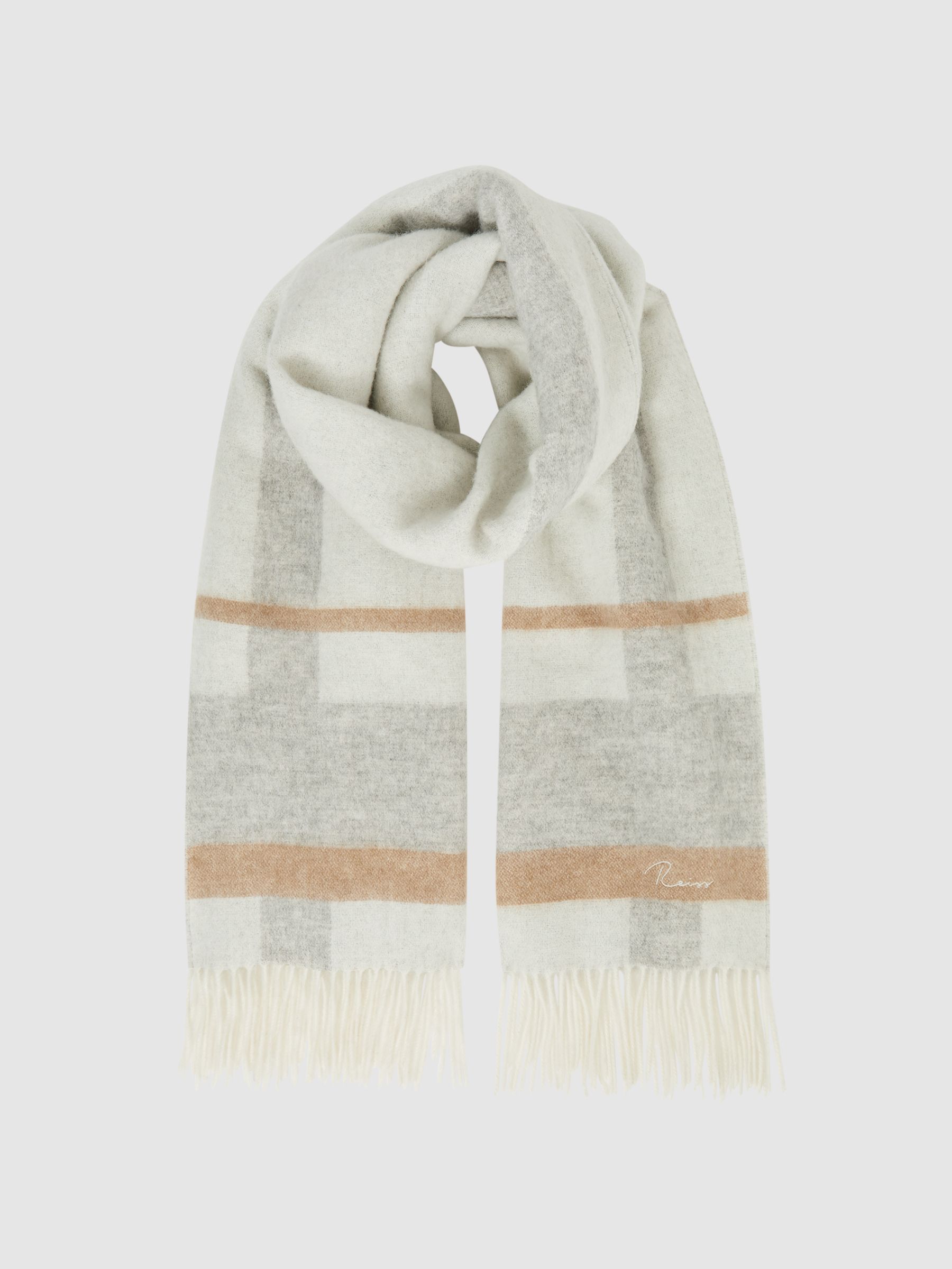 Lambswool-Cashmere Check Scarf in Grey/Ecru - Image 3 of 4