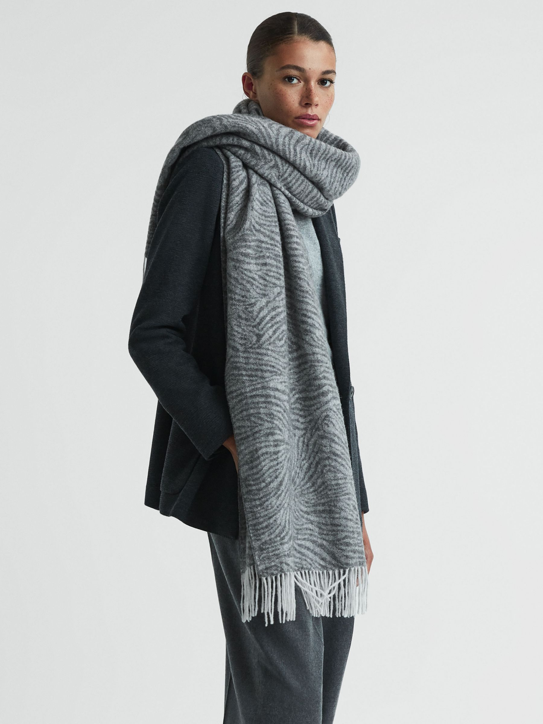 Wool-Cashmere Zebra Scarf in Grey - Image 2 of 5 Wool-Cashmere Zebra Scarf in Grey - Image 2 of 5