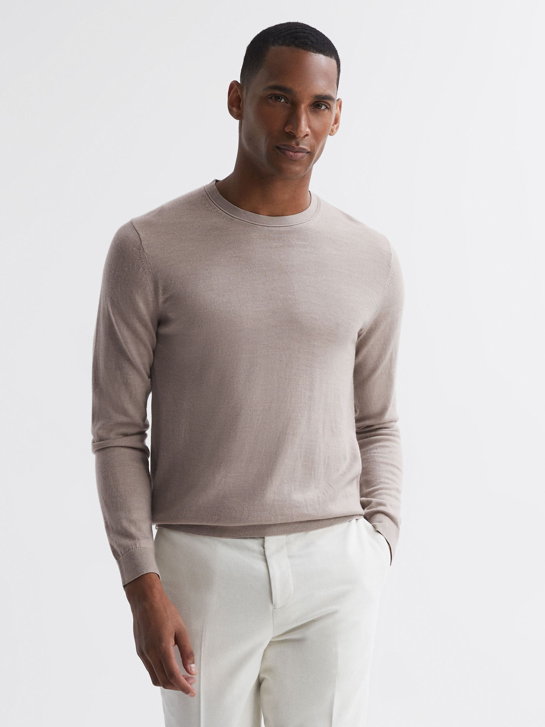 Merino Wool Crew Neck Jumper in Mink - Image 1 of 5