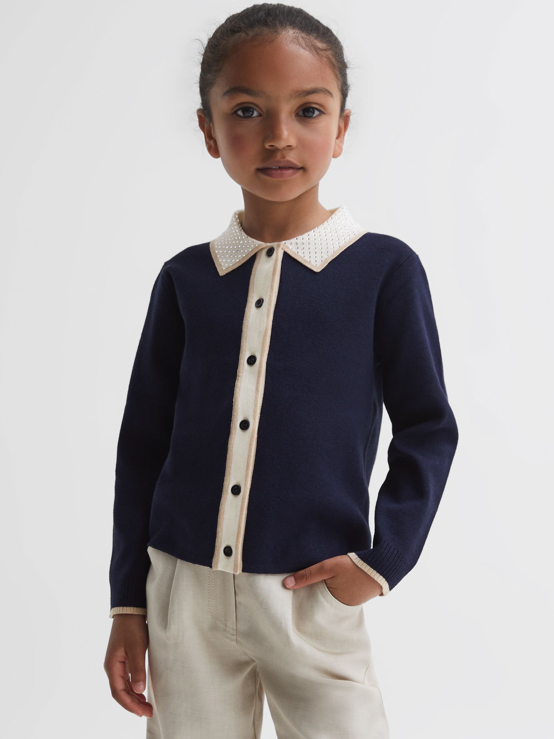Embellished Knitted Cardigan in Navy - 圖片 1/5