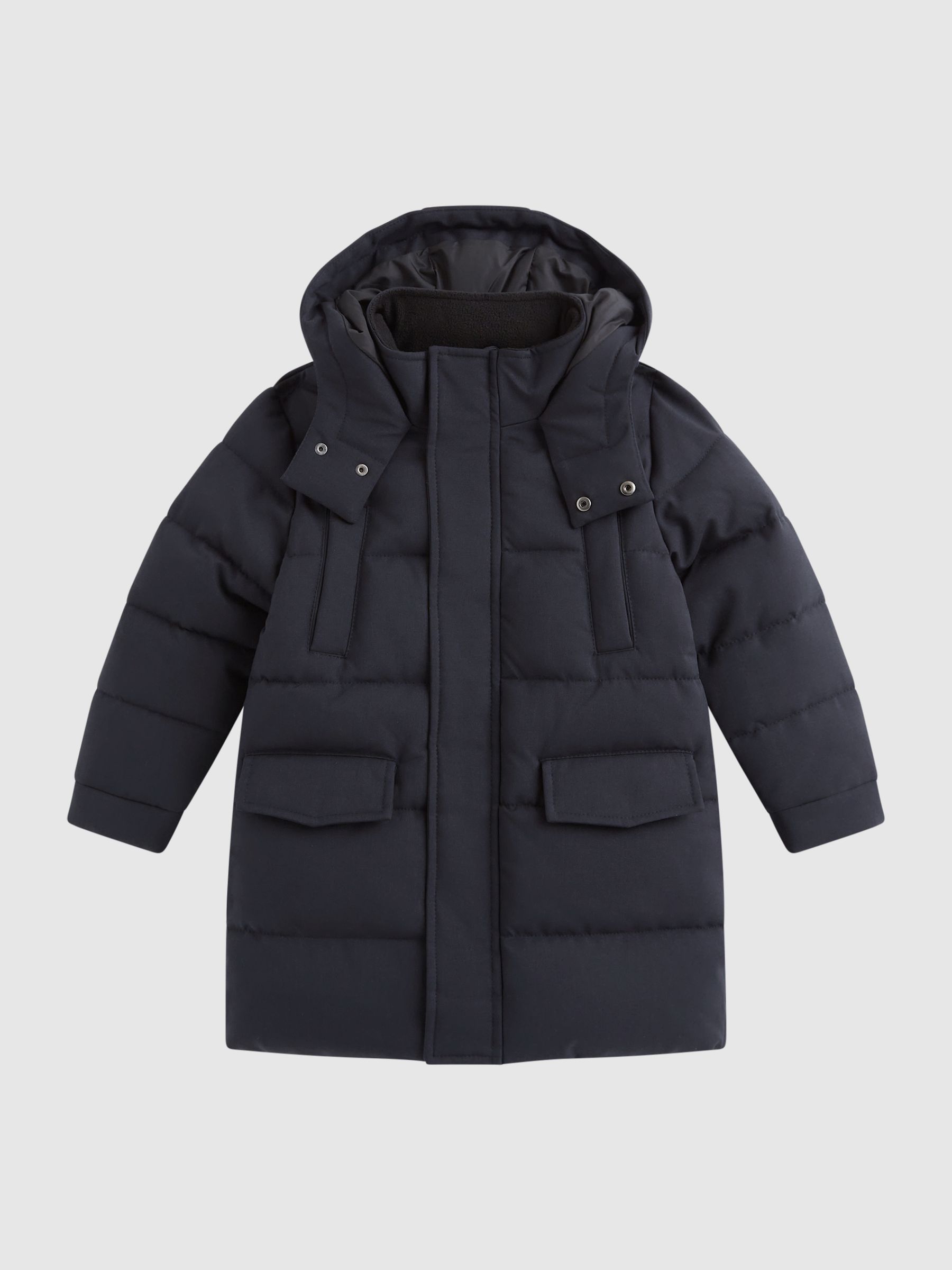 Junior Quilted Hooded Coat With Linen in Navy - Image 2 of 6