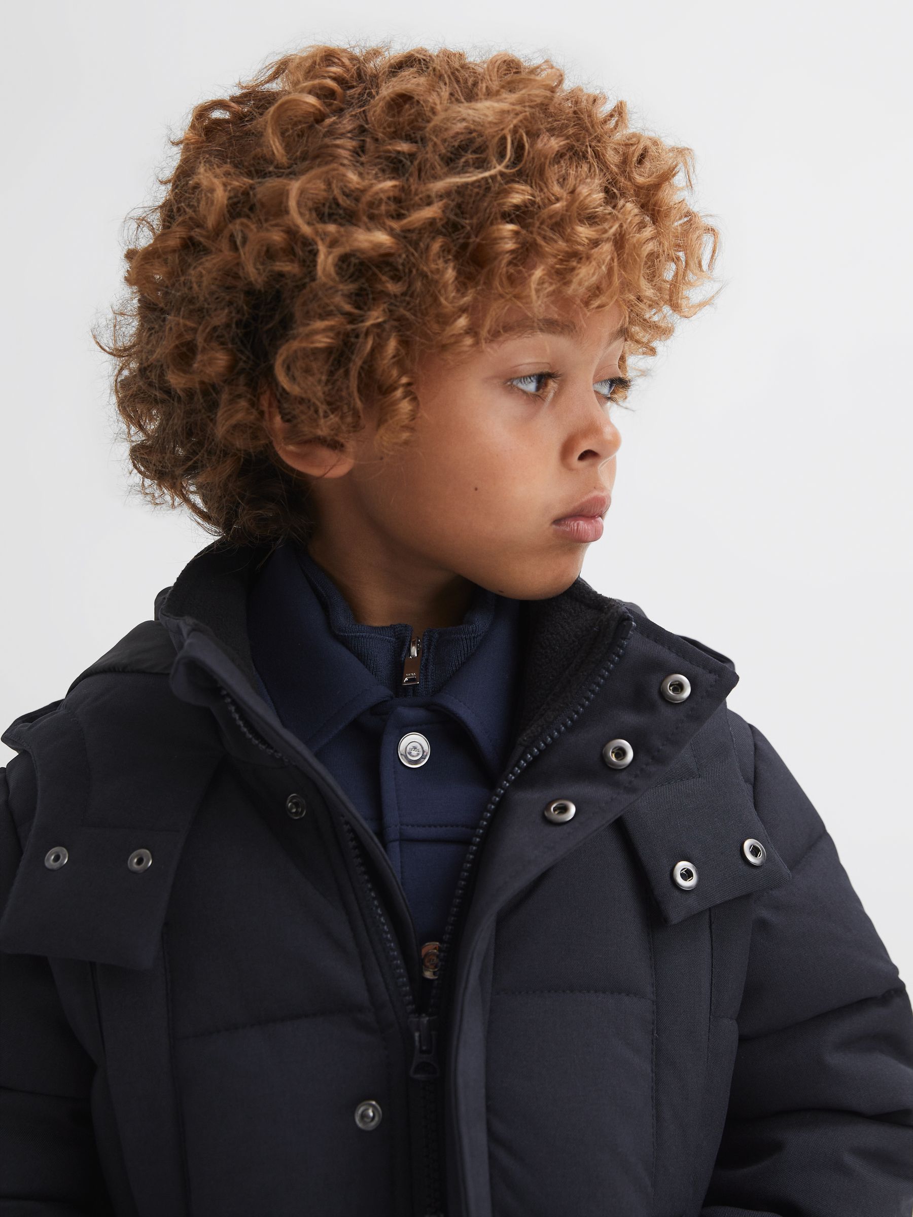 Junior Quilted Hooded Coat With Linen in Navy - Image 4 of 6