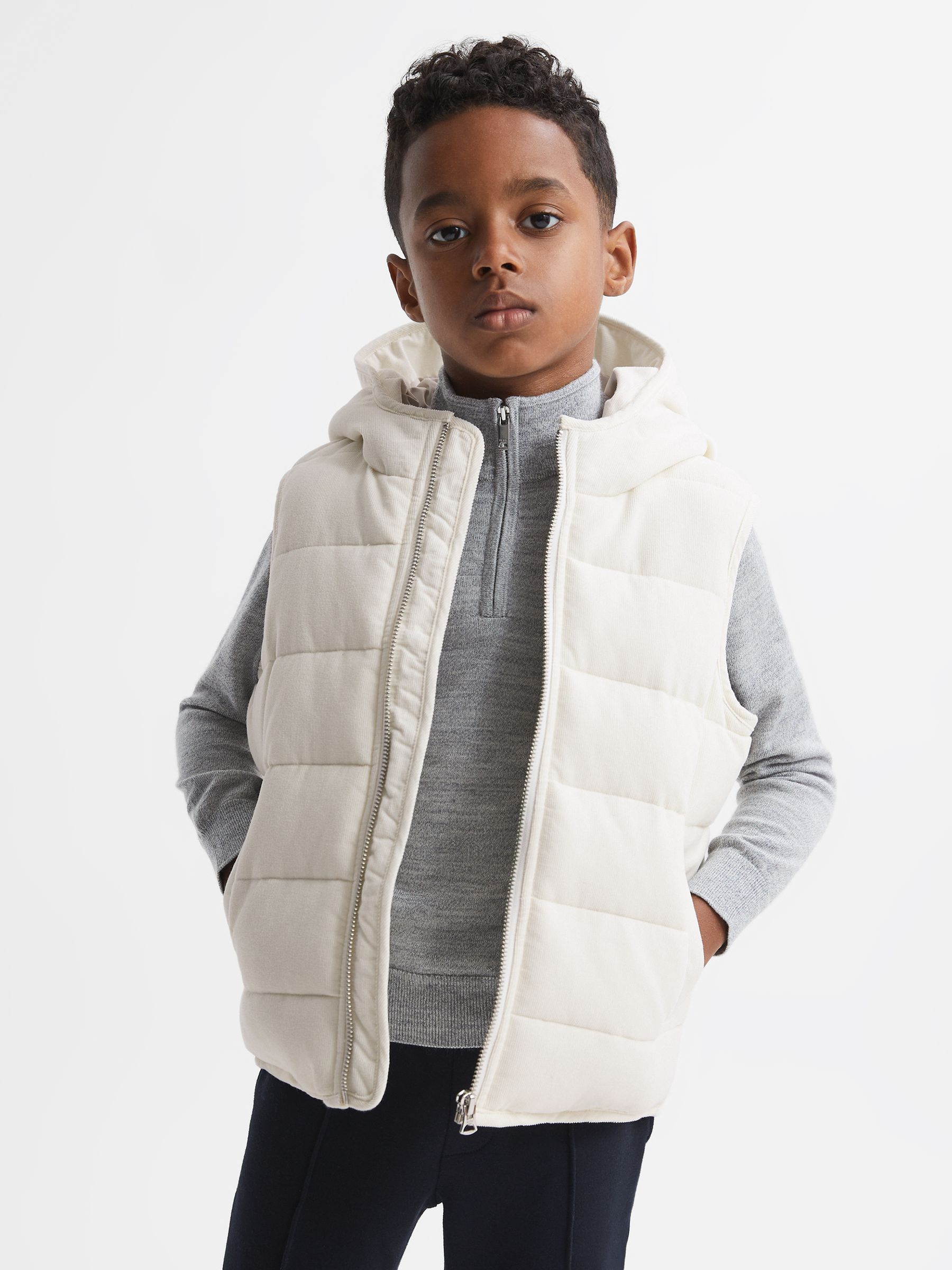 Senior Quilted Corduroy Hooded Gilet in Ecru - Image 1 of 5