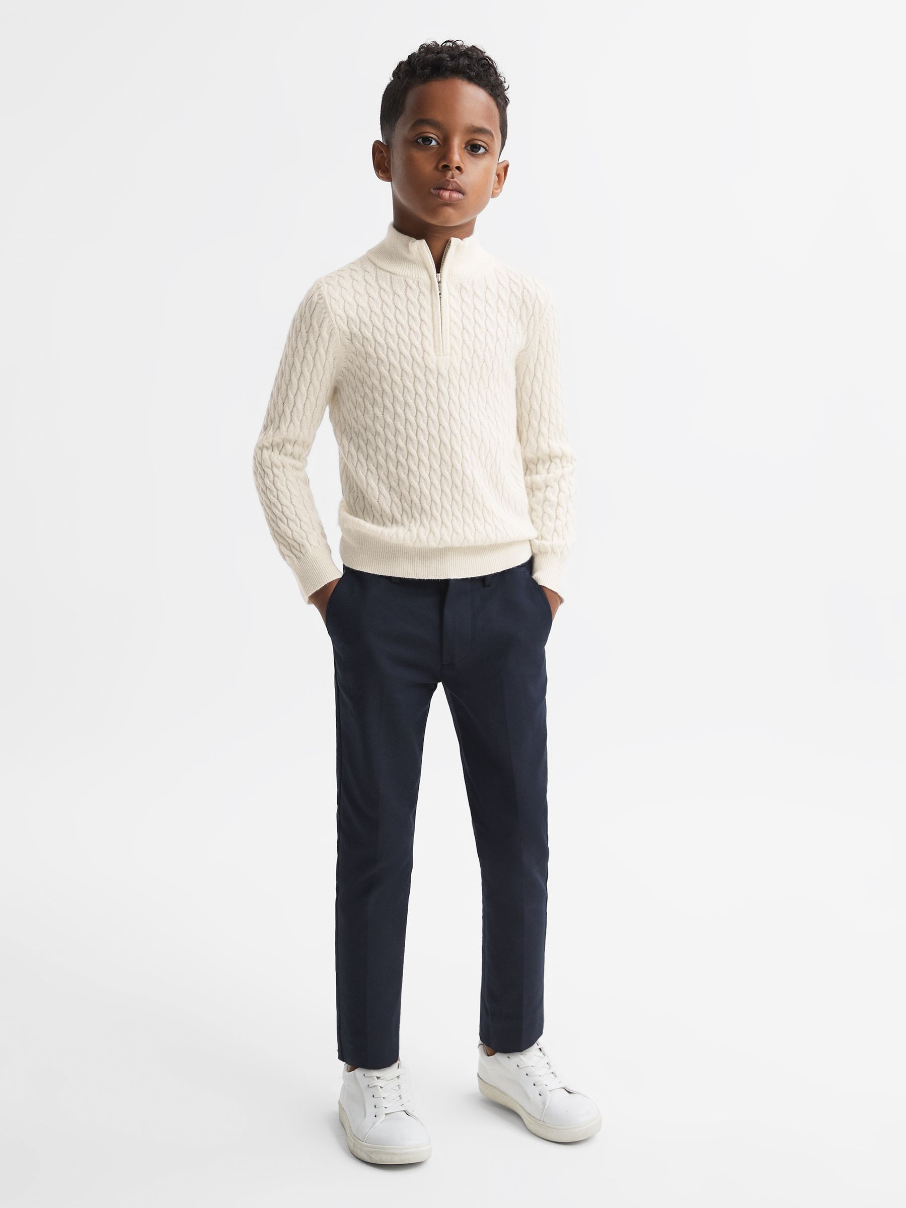 9-14 yrs Cashmere Knitted Half-Zip Funnel Neck Jumper in Cloud White - Image 3 of 6