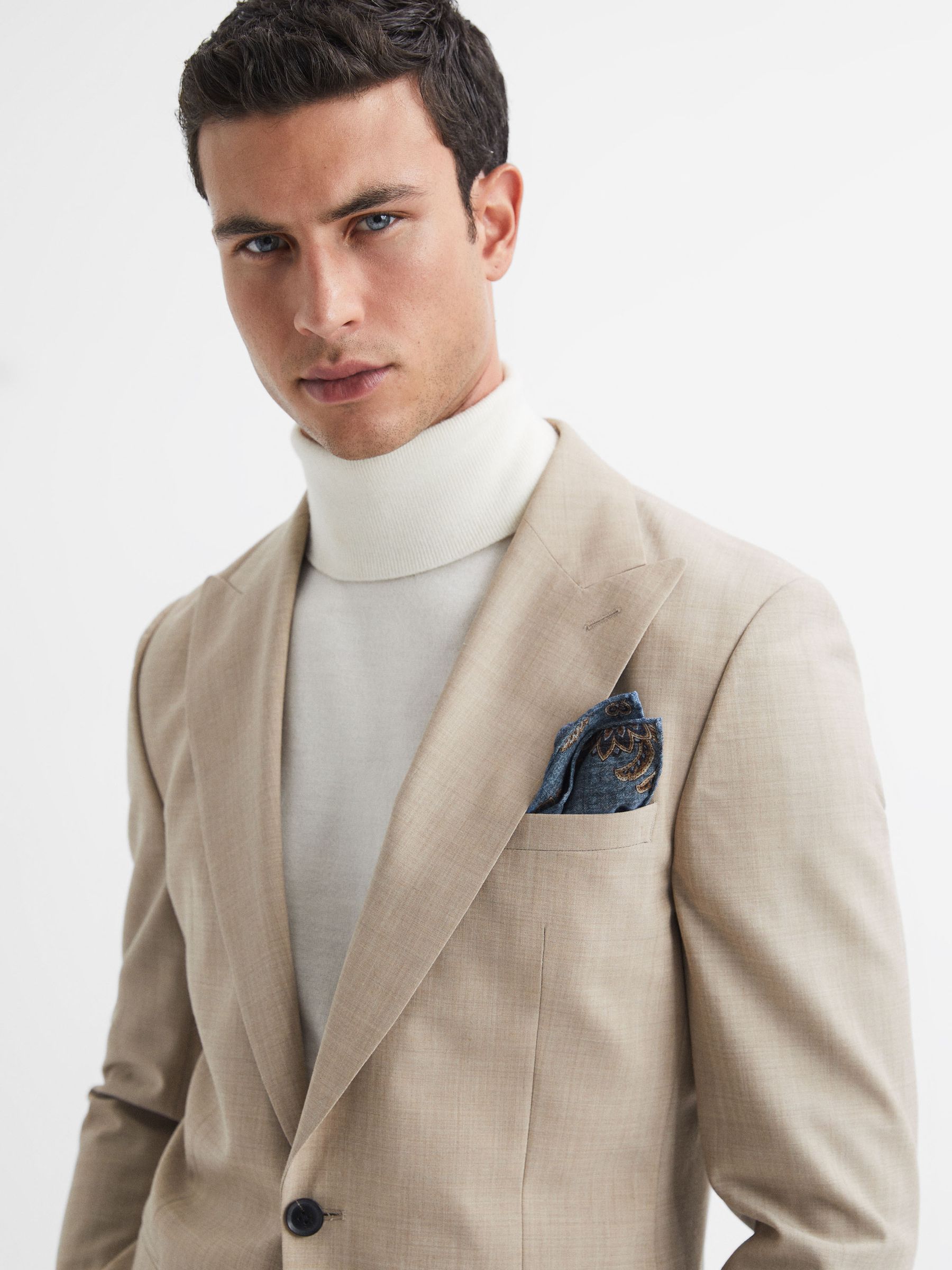 Wool-Cotton Reversible Pocket Square in Blue Melange/Navy - Image 2 of 5