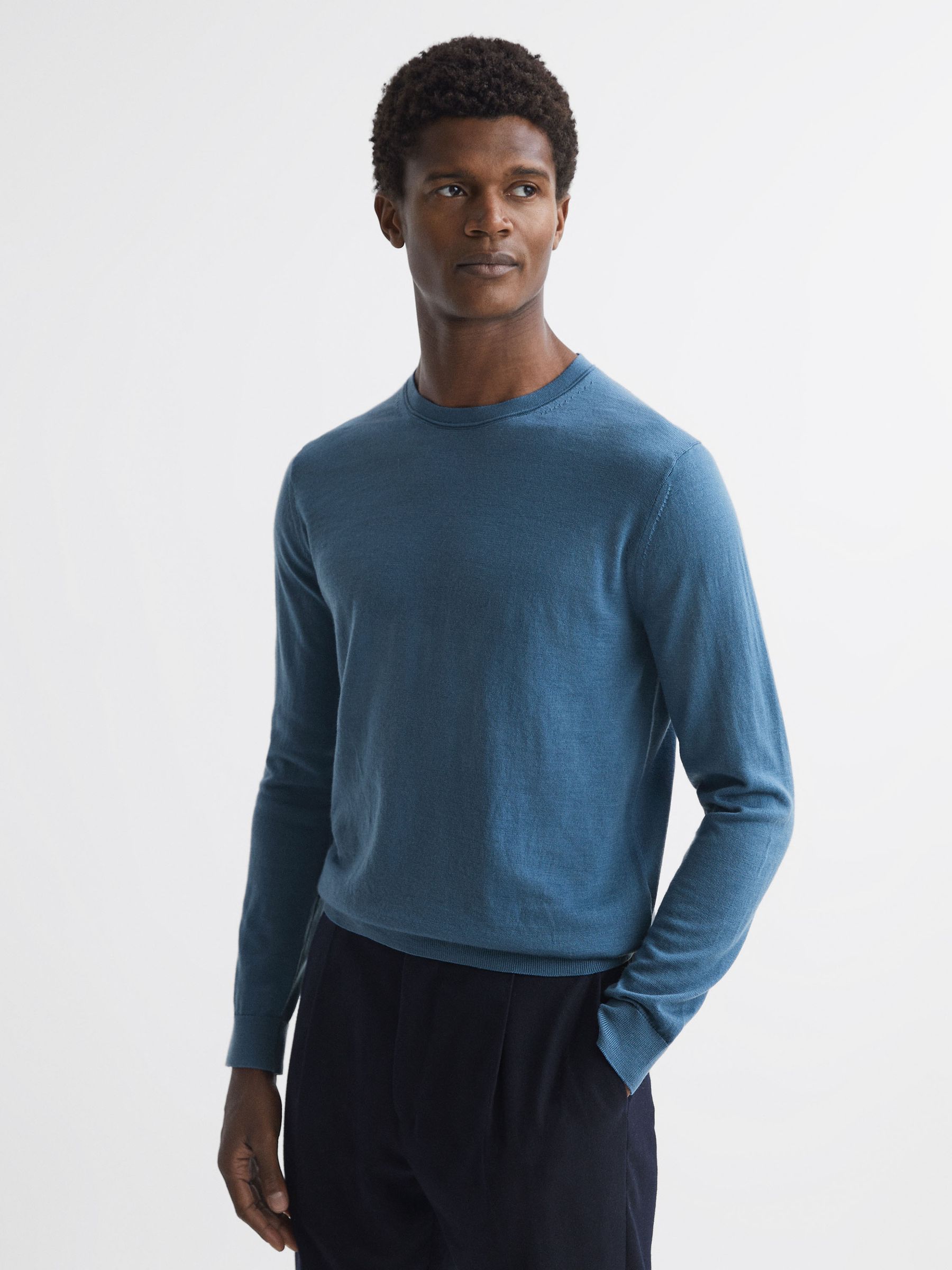 Merino Wool Crew Neck Jumper in Marine Blue - Image 1 of 4