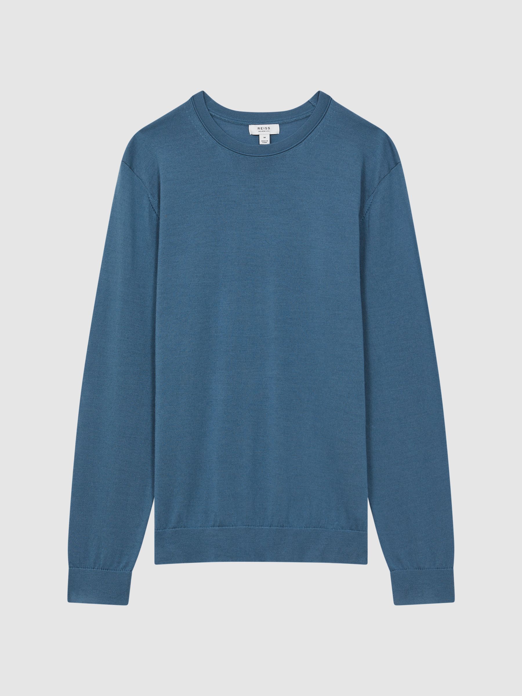 Merino Wool Crew Neck Jumper in Marine Blue - Image 2 of 4
